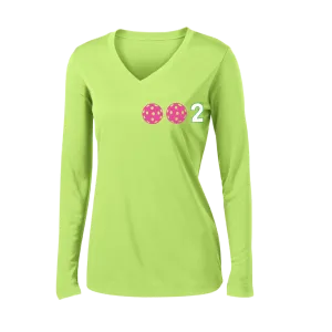 002 With Pickleballs (Colors Yellow Pink White) Customizable | Women's Long Sleeve V-Neck Pickleball Shirts | 100% Polyester