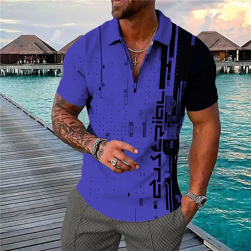 3D Vertigo Print Men's Polo Shirt with Zipper - Vibrant Geometry Design