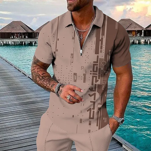3D Vertigo Print Men's Polo Shirt with Zipper - Vibrant Geometry Design