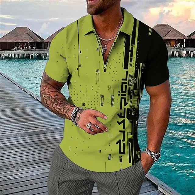 3D Vertigo Print Men's Polo Shirt with Zipper - Vibrant Geometry Design