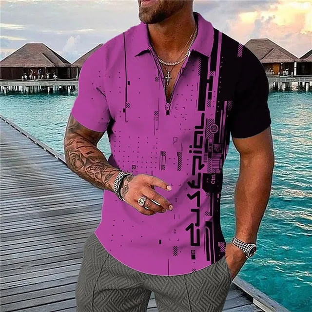3D Vertigo Print Men's Polo Shirt with Zipper - Vibrant Geometry Design