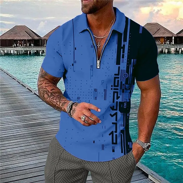 3D Vertigo Print Men's Polo Shirt with Zipper - Vibrant Geometry Design