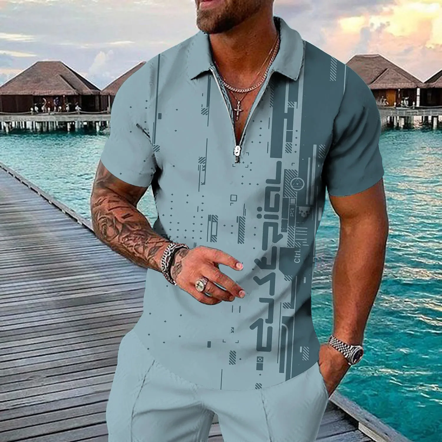 3D Vertigo Print Men's Polo Shirt with Zipper - Vibrant Geometry Design