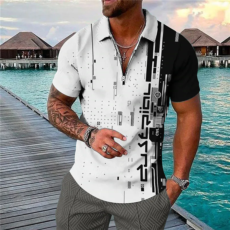 3D Vertigo Print Men's Polo Shirt with Zipper - Vibrant Geometry Design