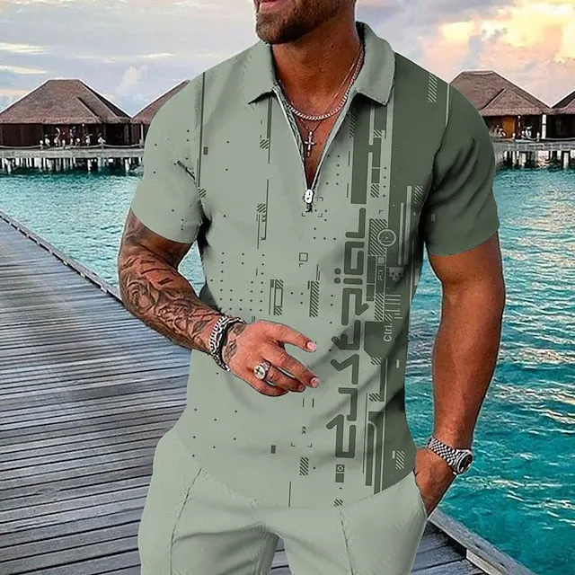 3D Vertigo Print Men's Polo Shirt with Zipper - Vibrant Geometry Design