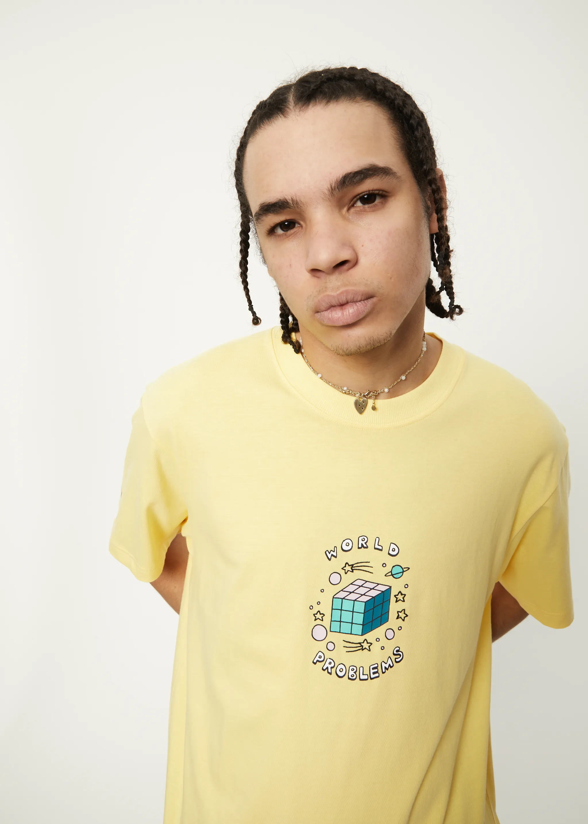 AFENDS Mens World Problems - Retro Graphic T-Shirt - Butter