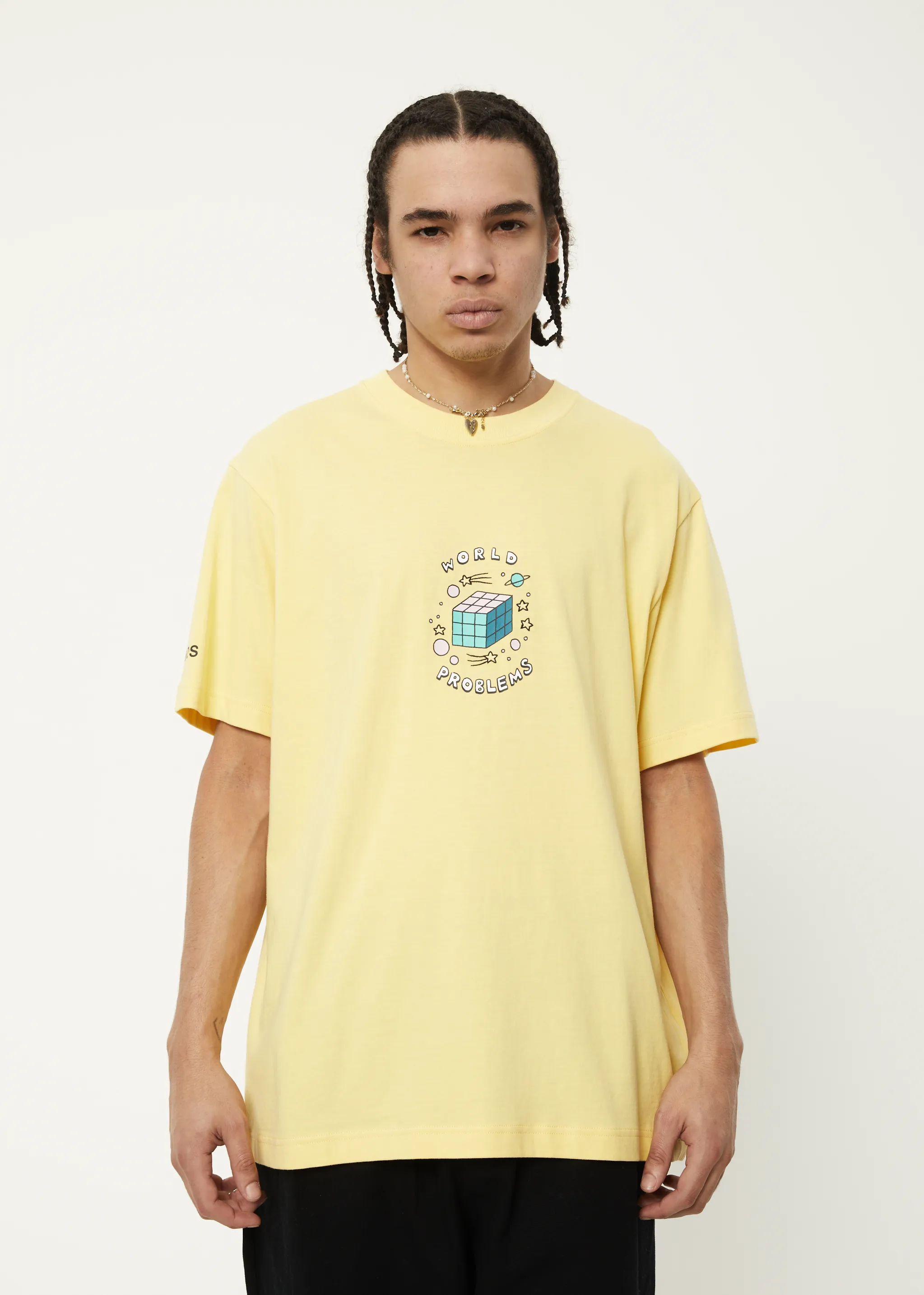 AFENDS Mens World Problems - Retro Graphic T-Shirt - Butter