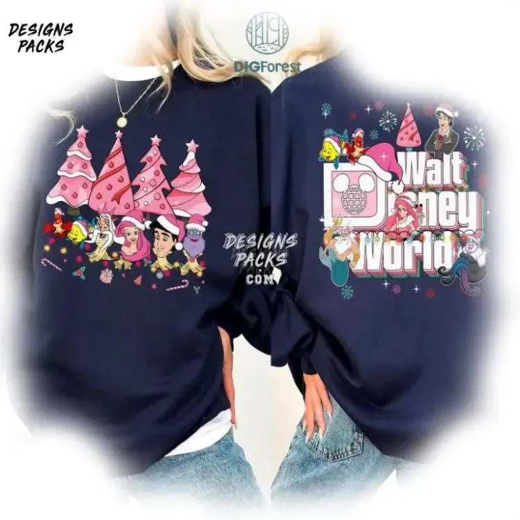Ariel Princess Christmas Cartoon land Girl Trip Cartoon Little Mermaid Pink Christmas PNG Design
