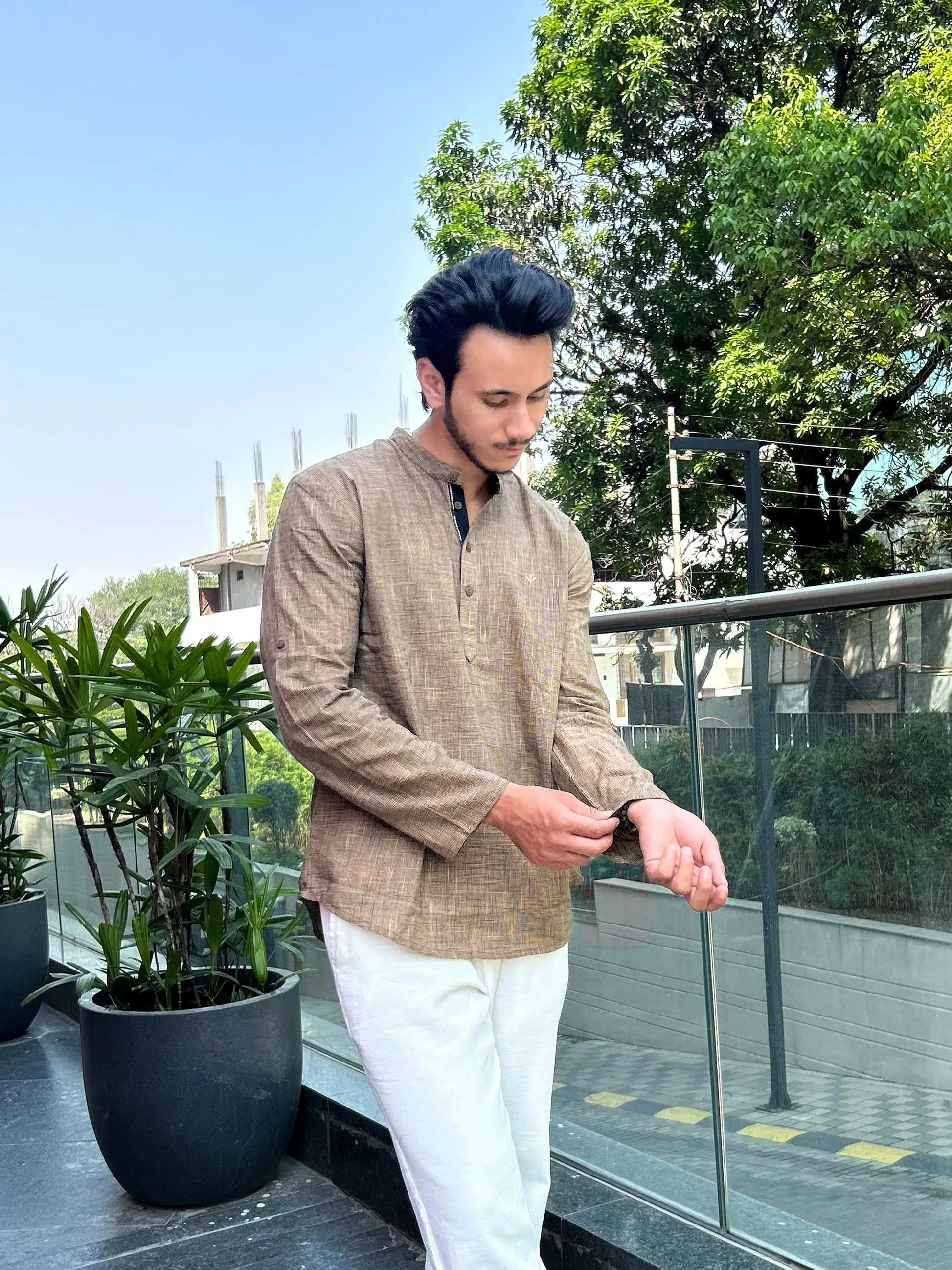 Beige Cotton Self Textured Short Kurta