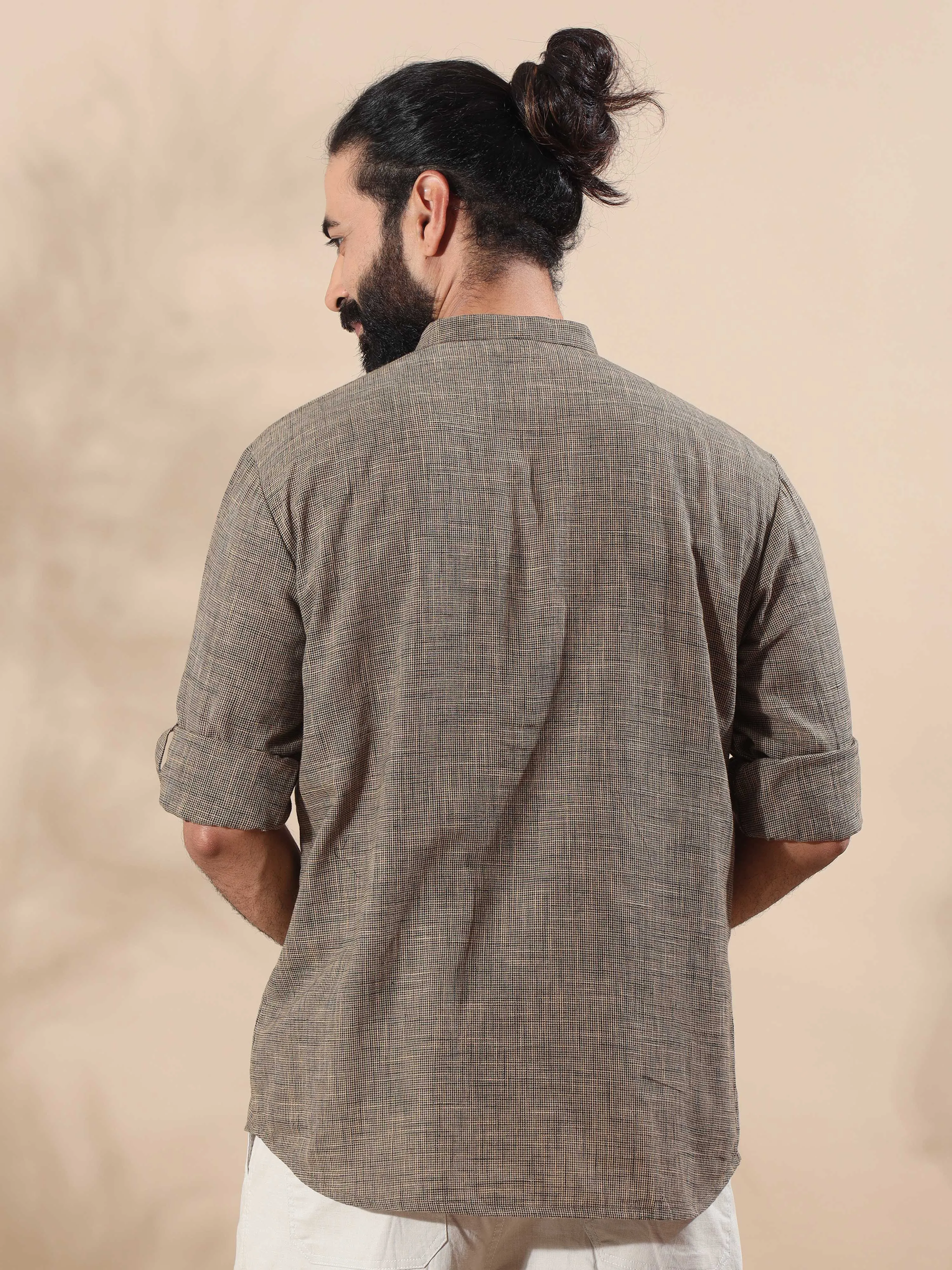 Beige Cotton Self Textured Short Kurta