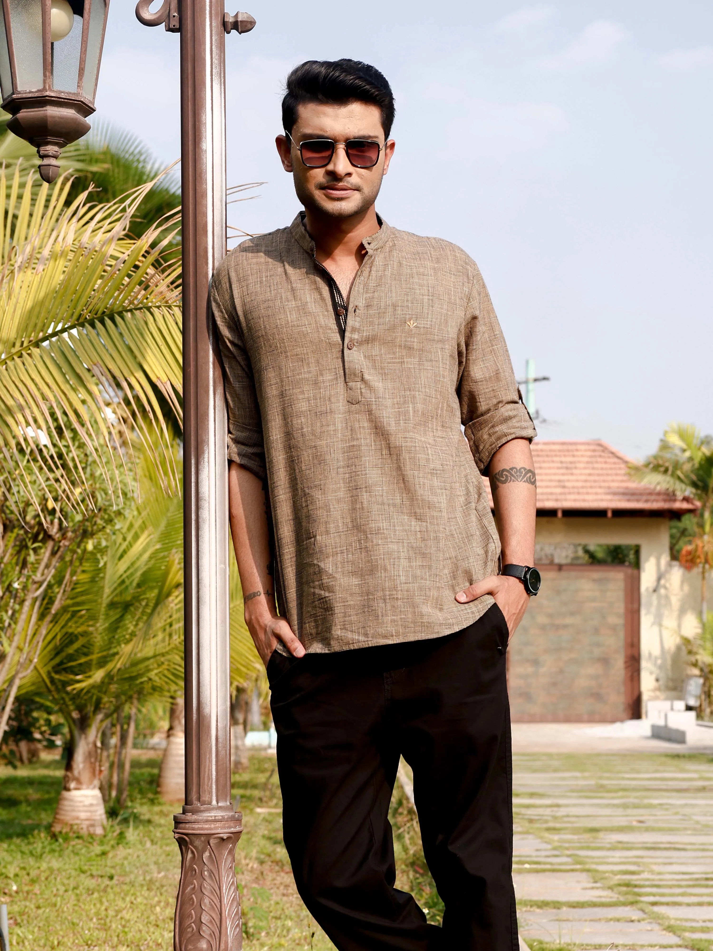 Beige Cotton Self Textured Short Kurta