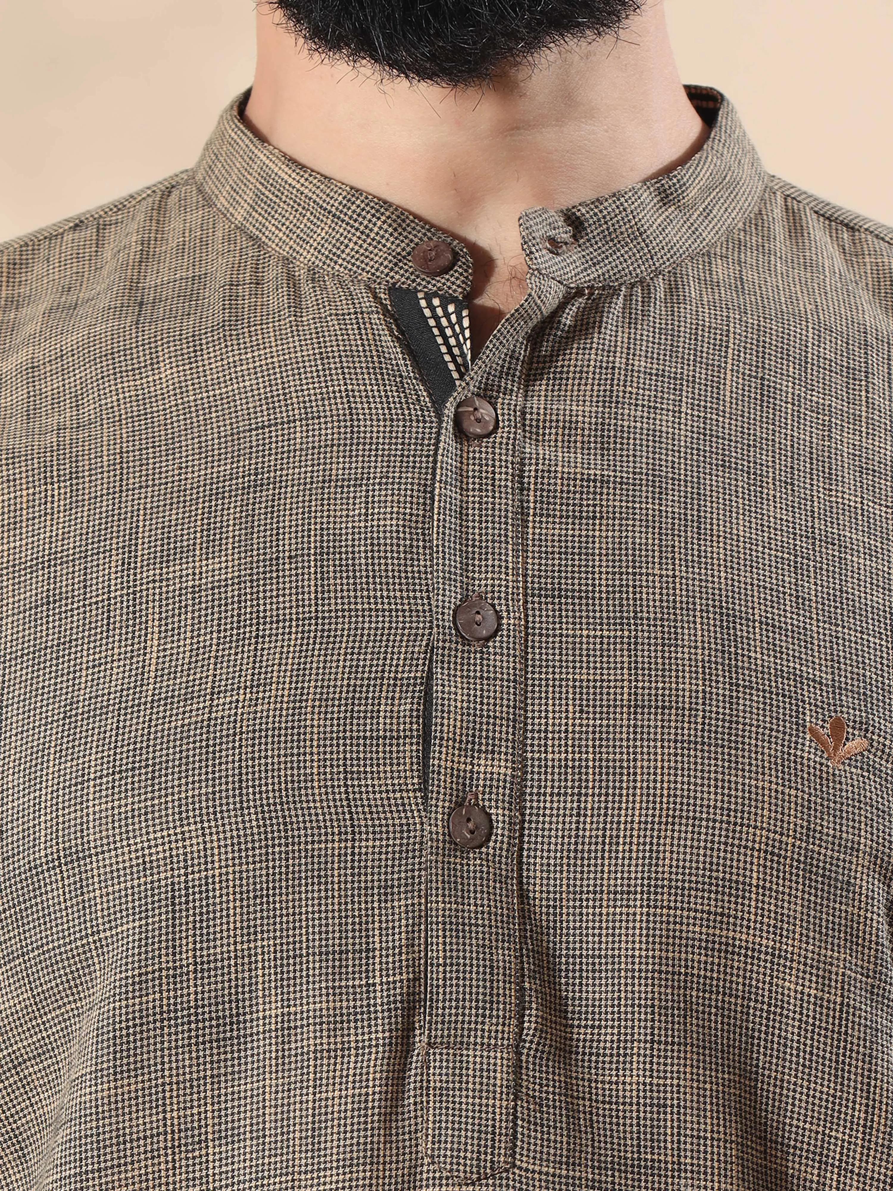 Beige Cotton Self Textured Short Kurta