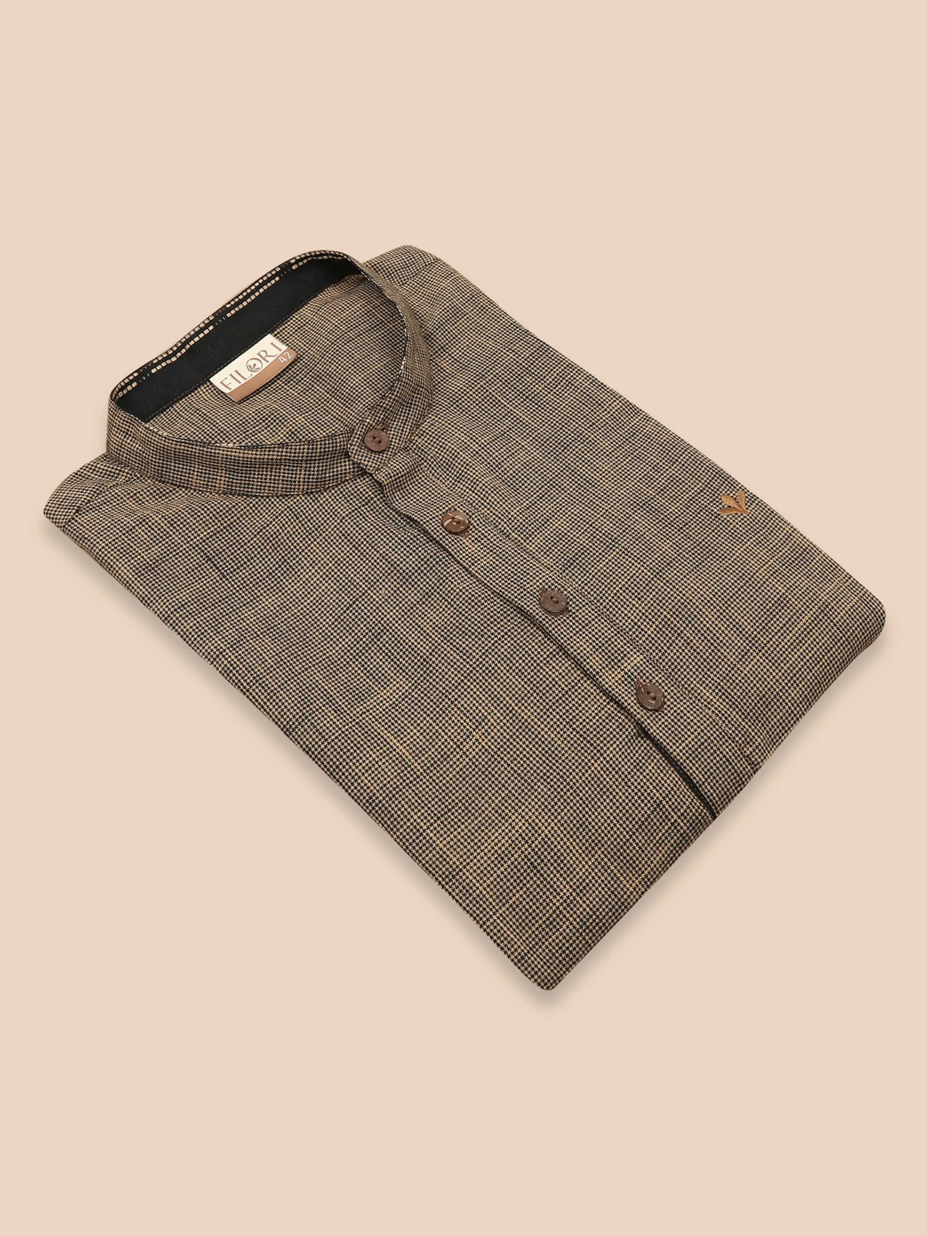 Beige Cotton Self Textured Short Kurta