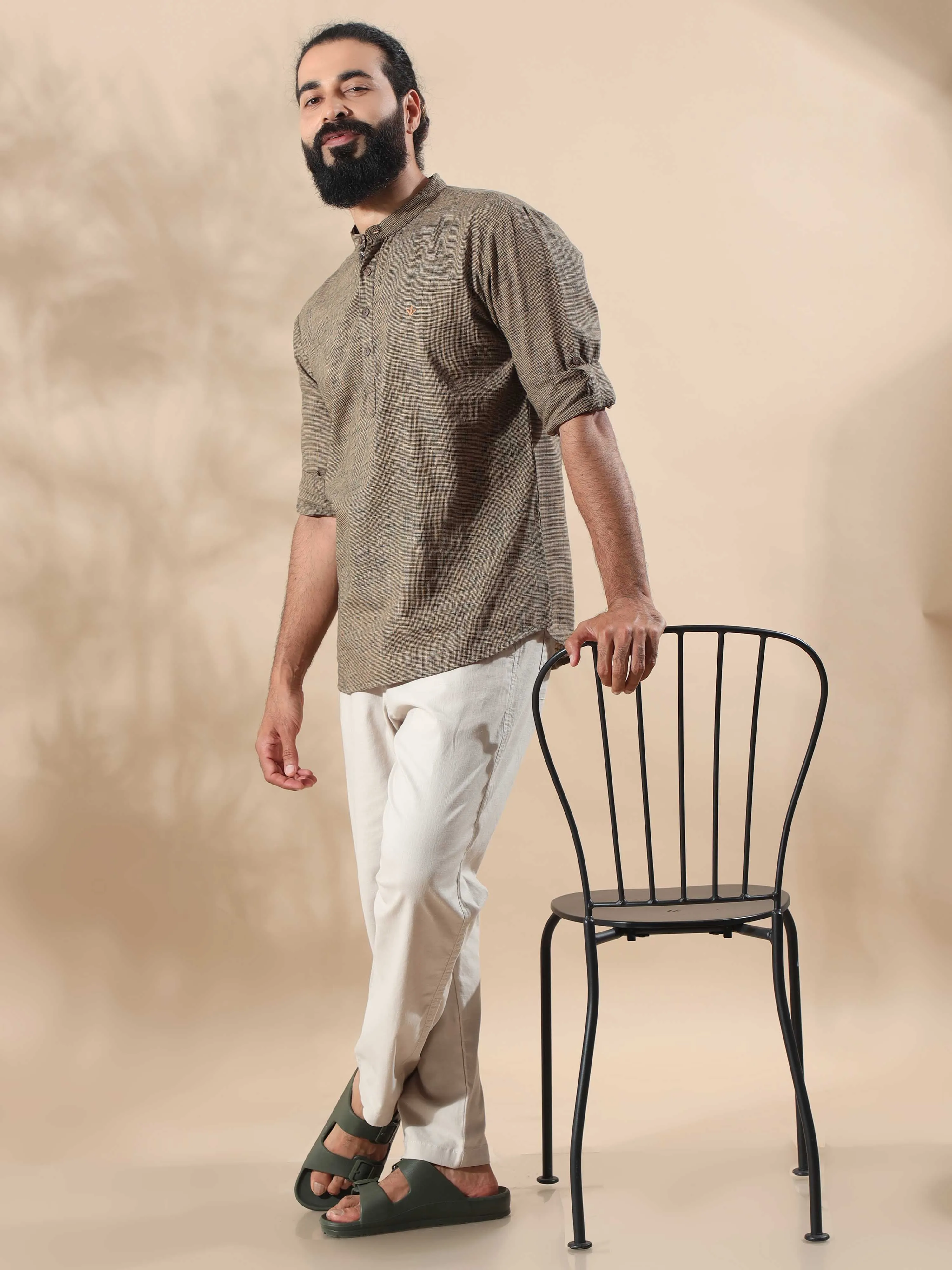 Beige Cotton Self Textured Short Kurta