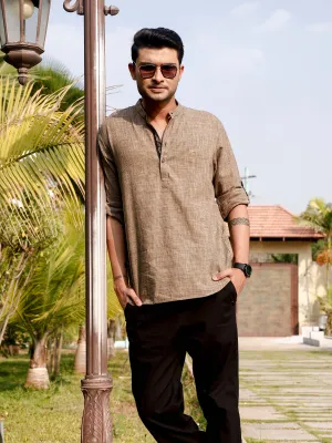 Beige Cotton Self Textured Short Kurta