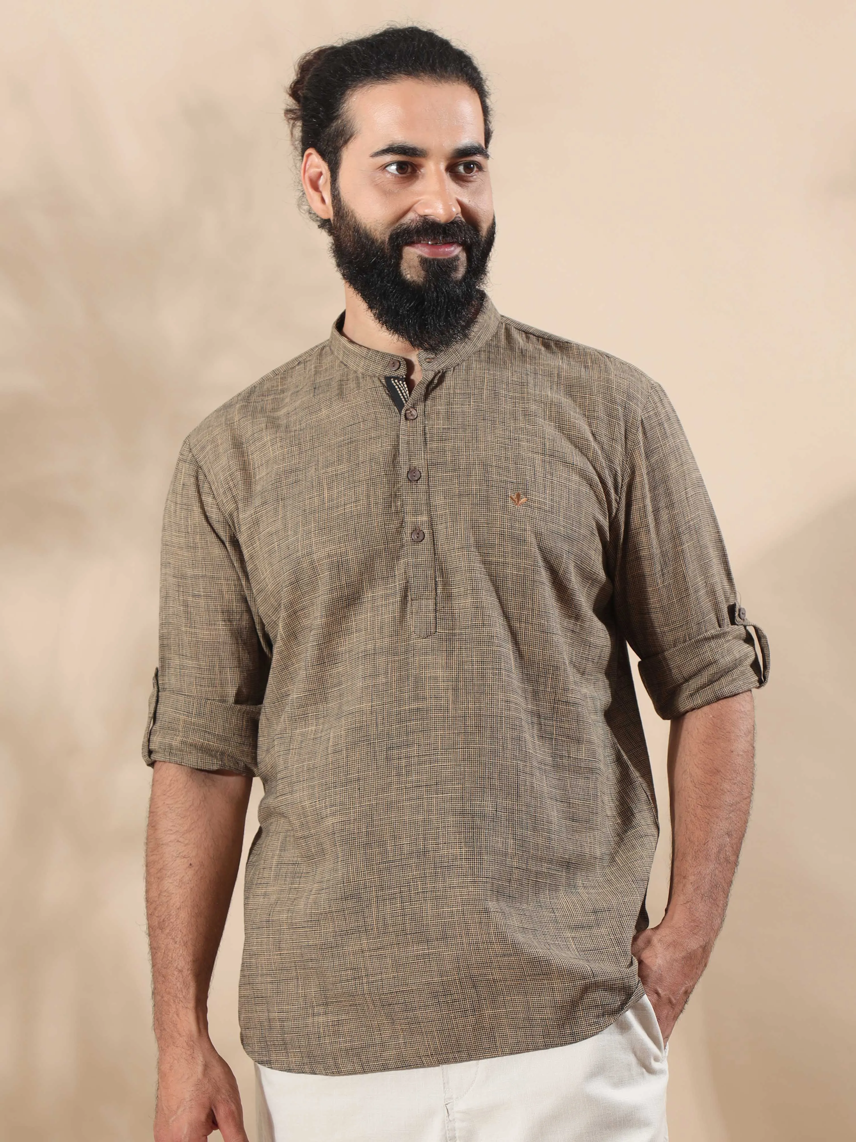 Beige Cotton Self Textured Short Kurta