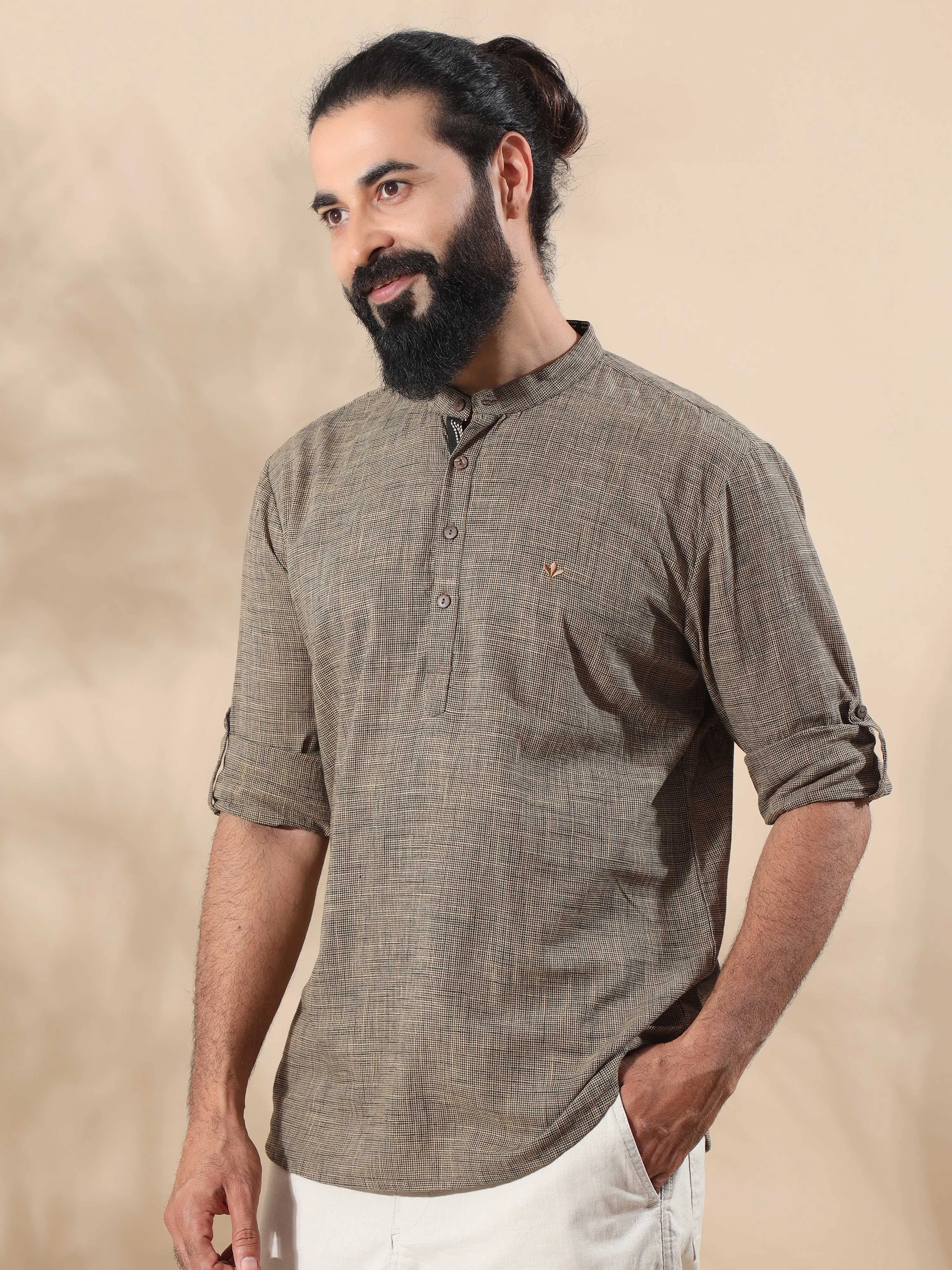 Beige Cotton Self Textured Short Kurta