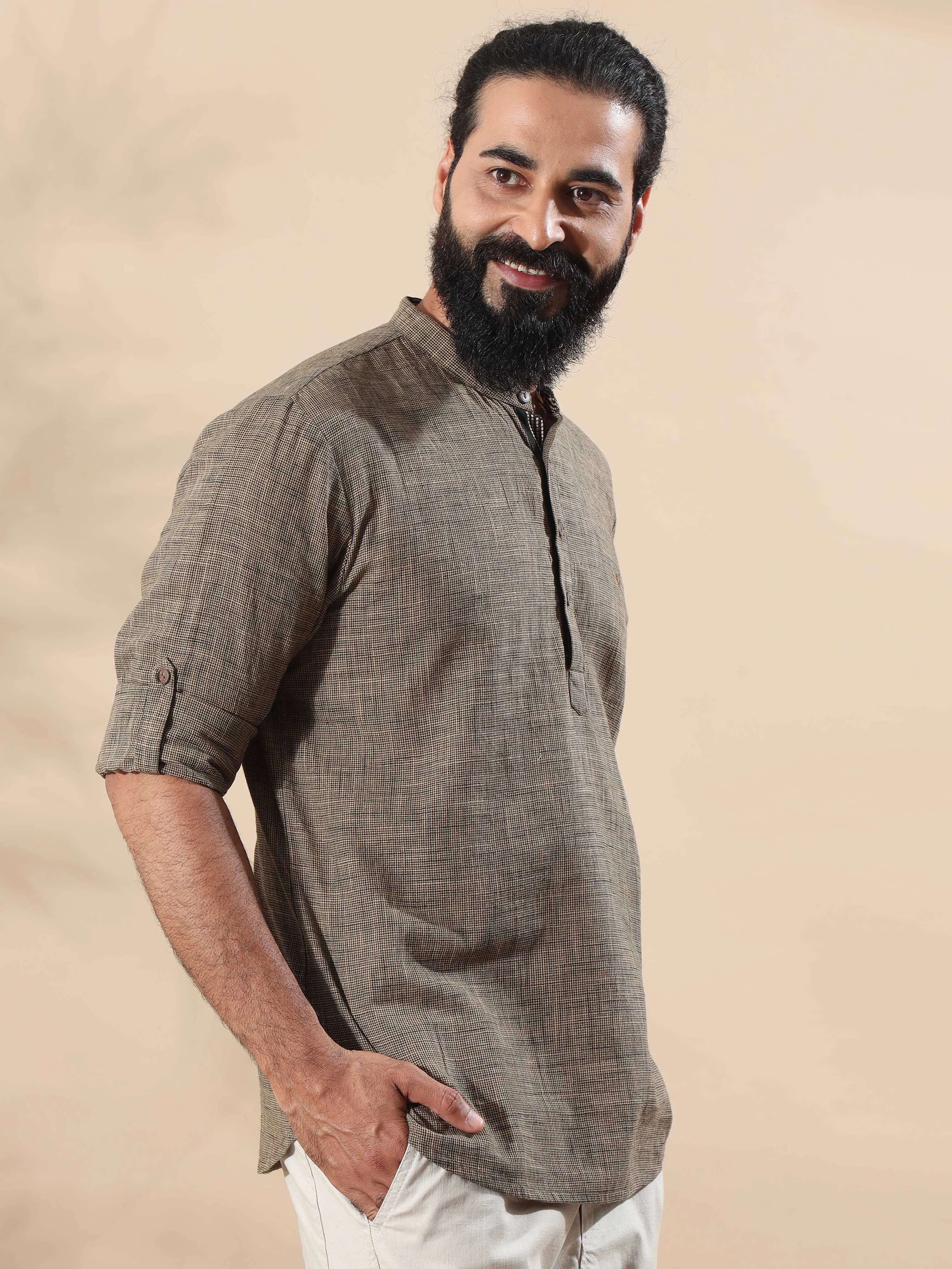 Beige Cotton Self Textured Short Kurta