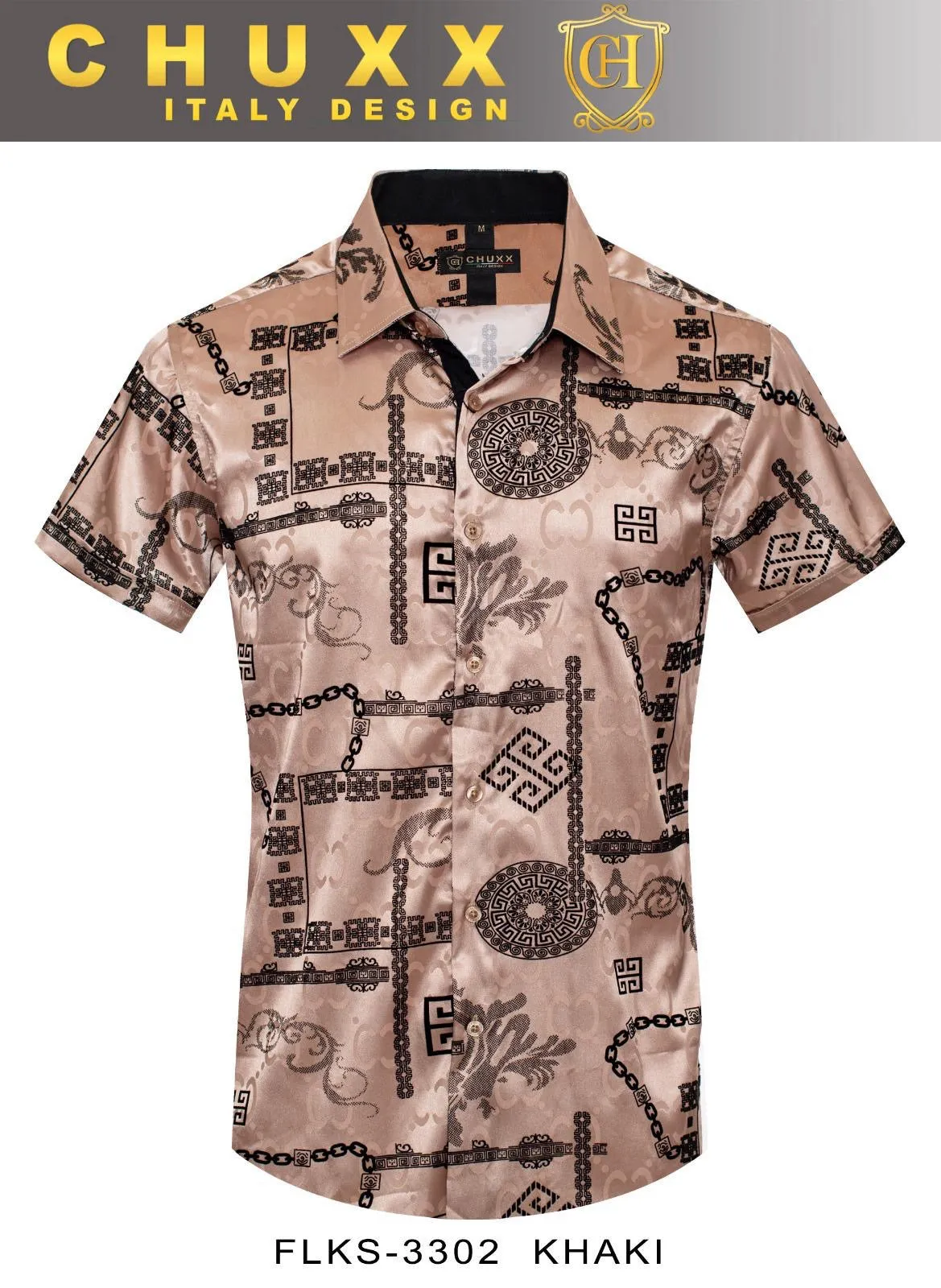 Beige Men's Graphic Design Short Sleeves Shiny Shirt Satin Material