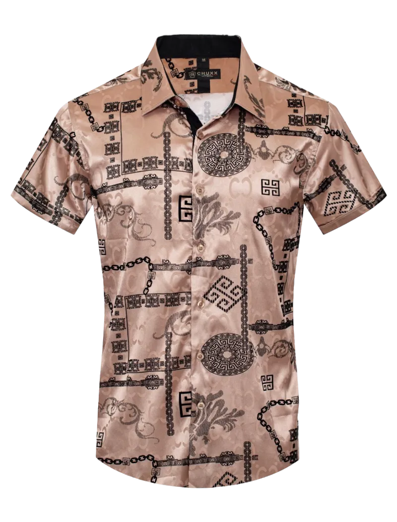 Beige Men's Graphic Design Short Sleeves Shiny Shirt Satin Material