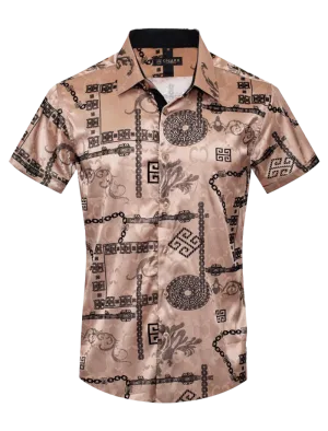 Beige Men's Graphic Design Short Sleeves Shiny Shirt Satin Material