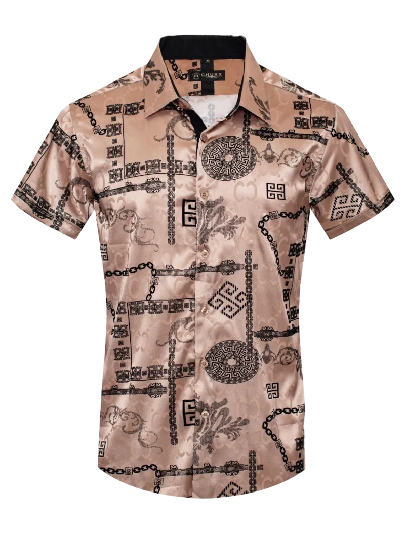 Beige Men's Graphic Design Short Sleeves Shiny Shirt Satin Material