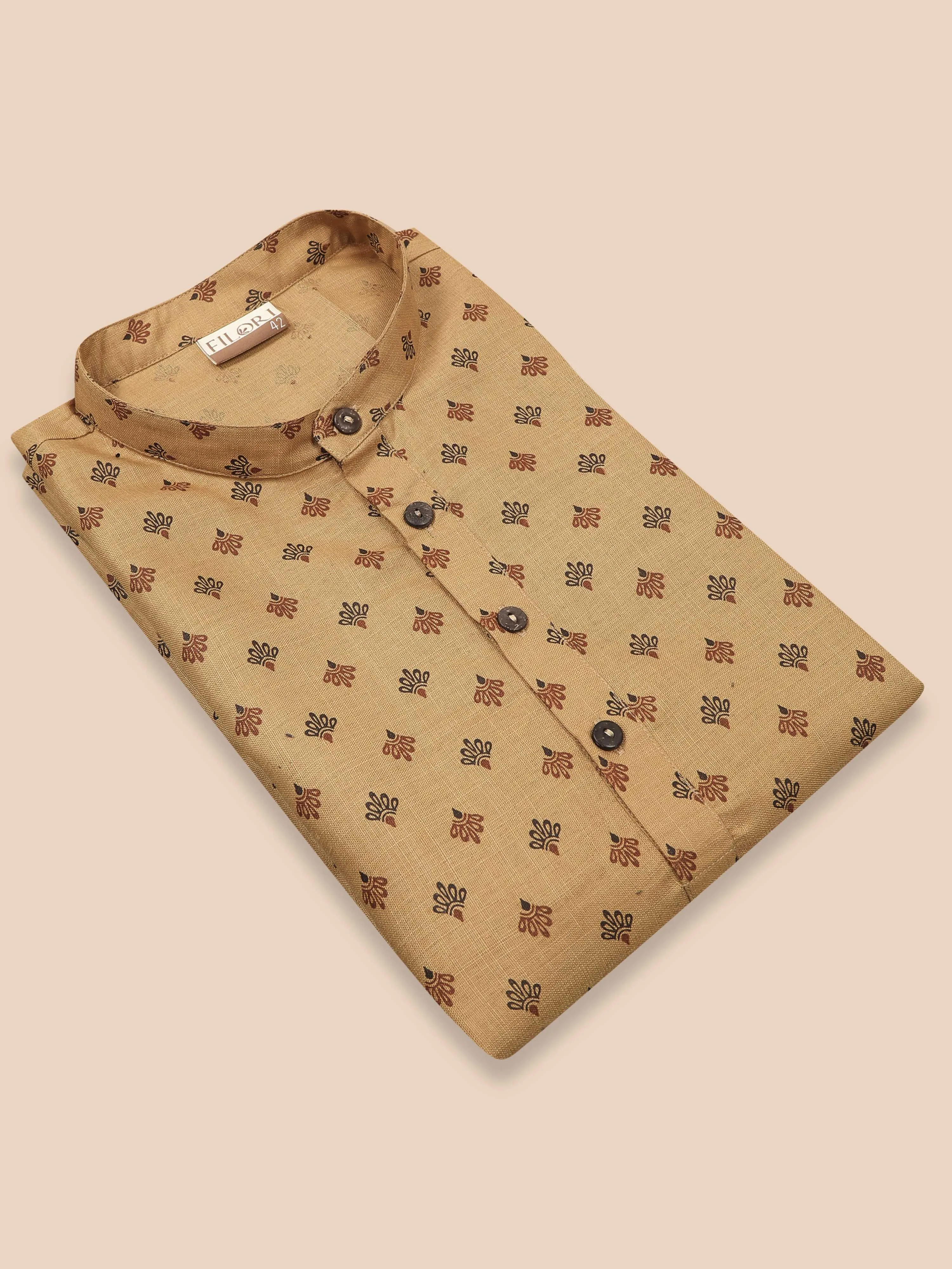 Beige Printed Short Kurta Full Sleeve