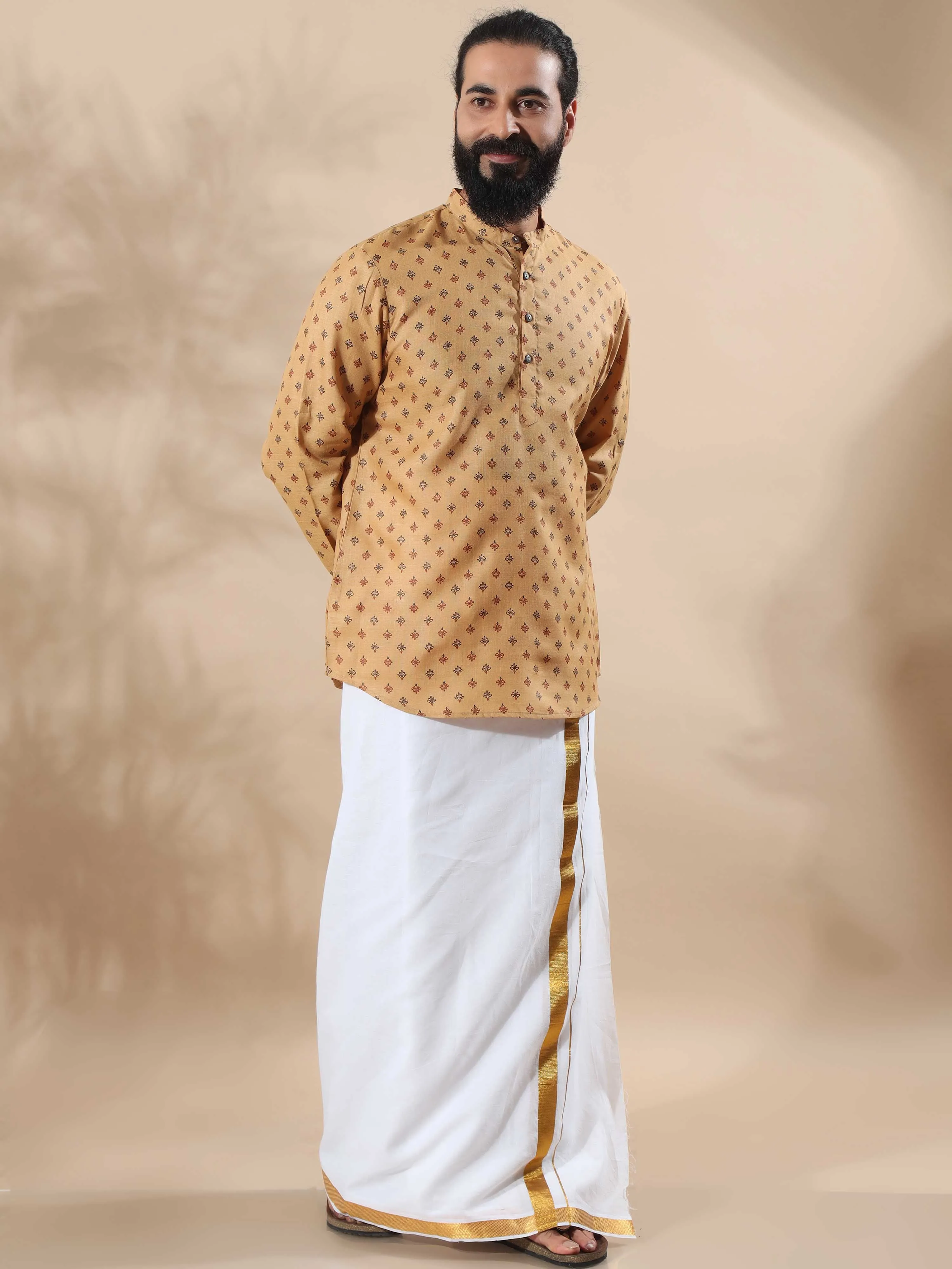 Beige Printed Short Kurta Full Sleeve
