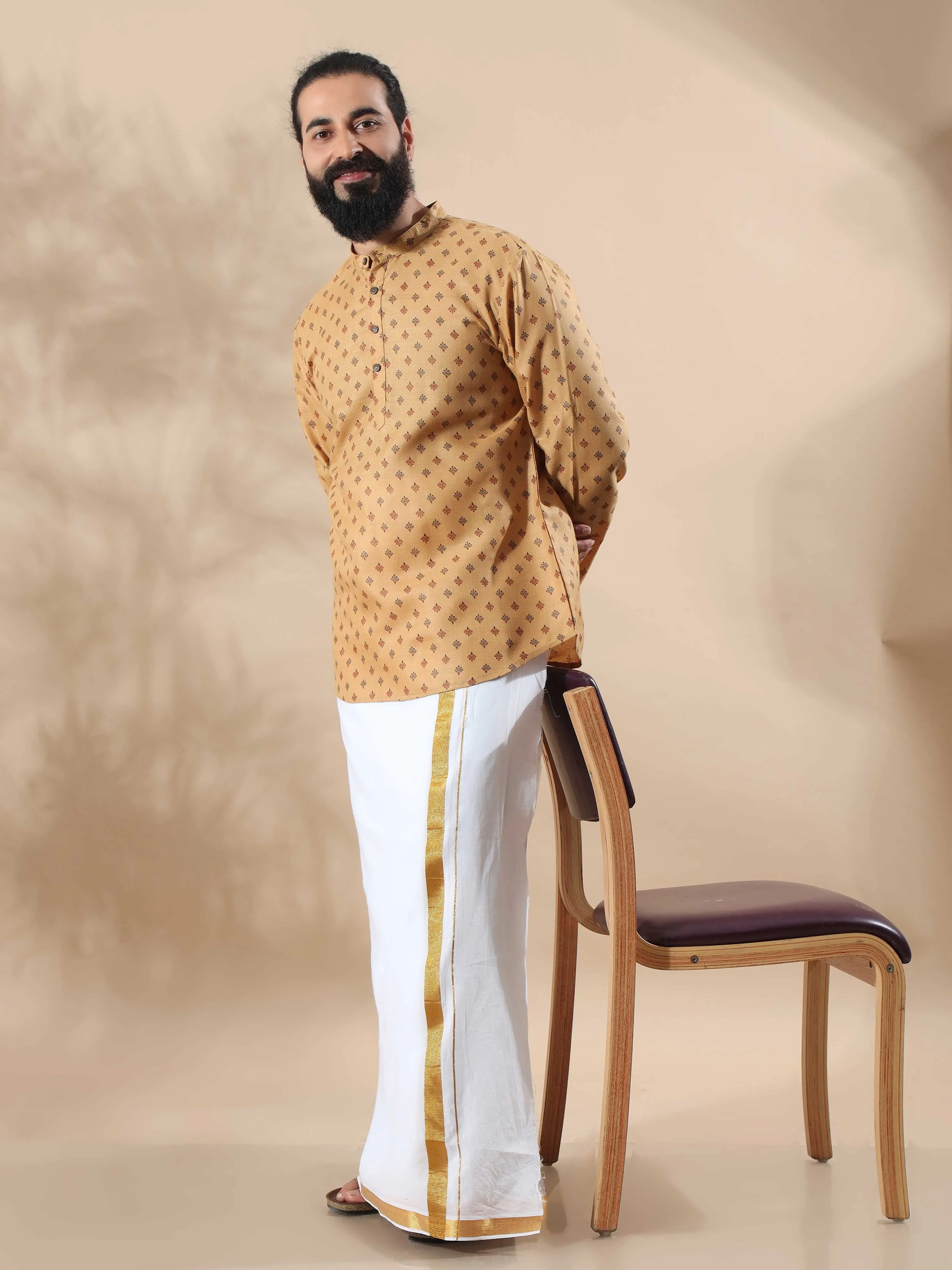 Beige Printed Short Kurta Full Sleeve