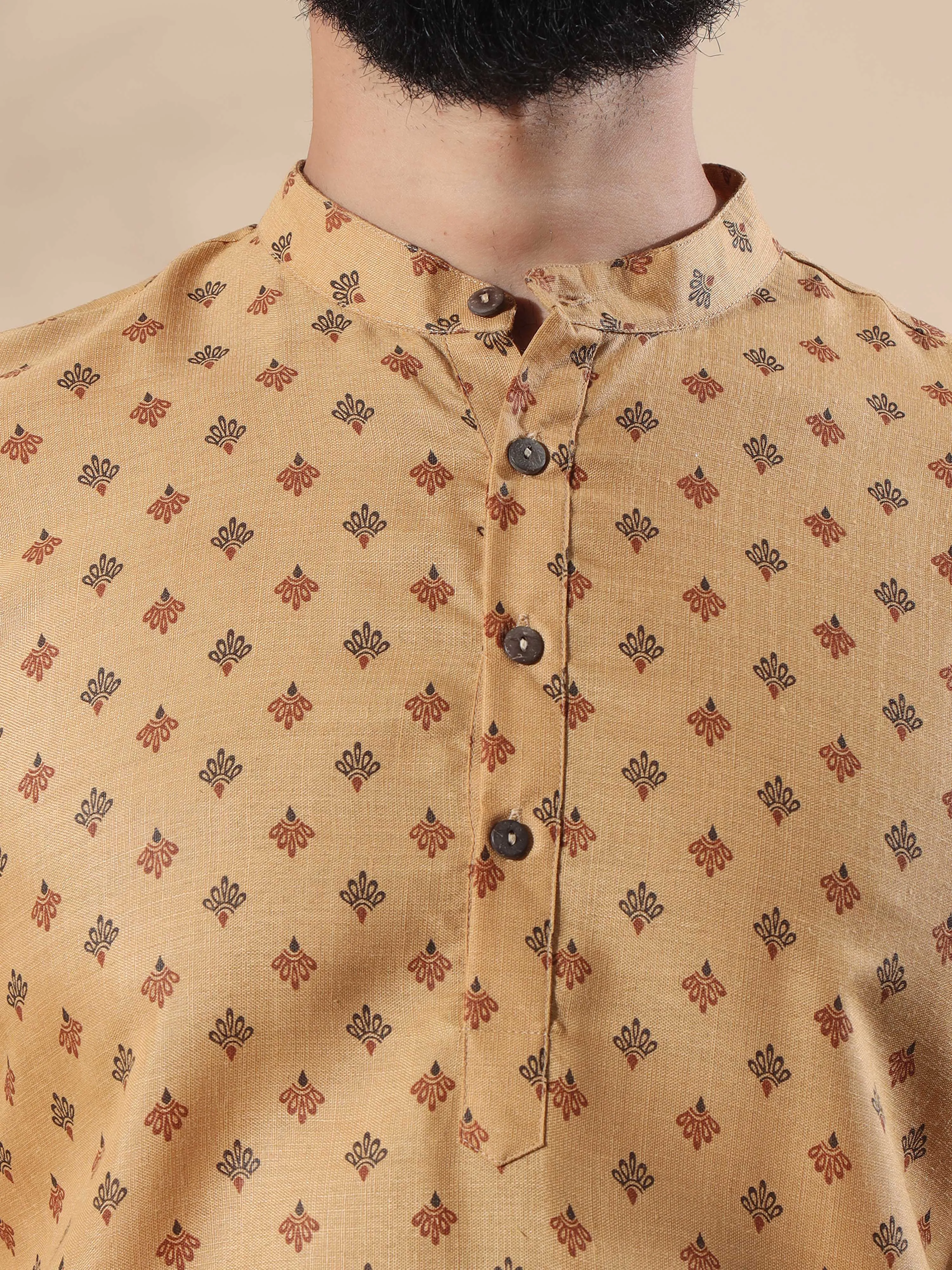 Beige Printed Short Kurta Full Sleeve