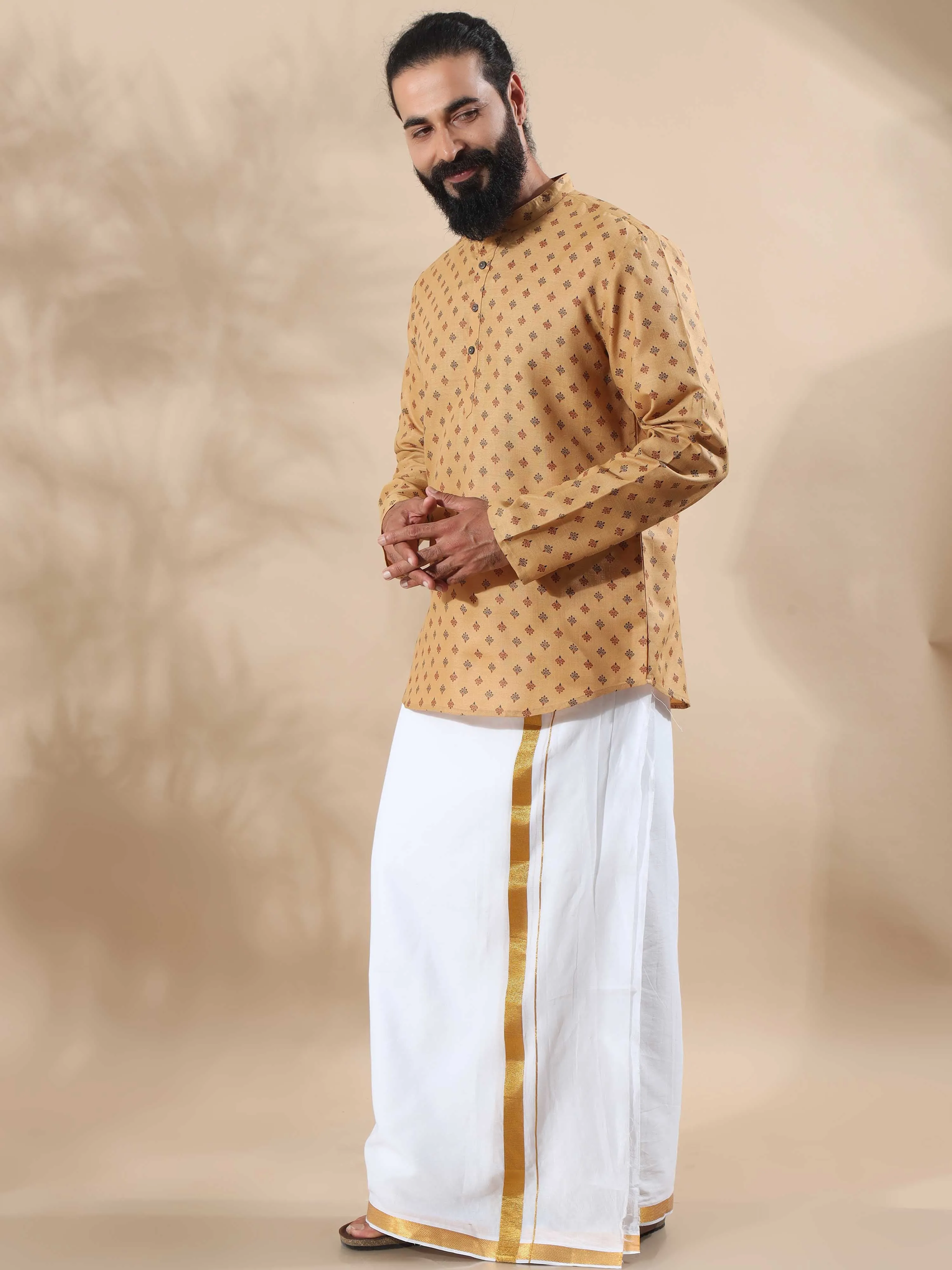 Beige Printed Short Kurta Full Sleeve