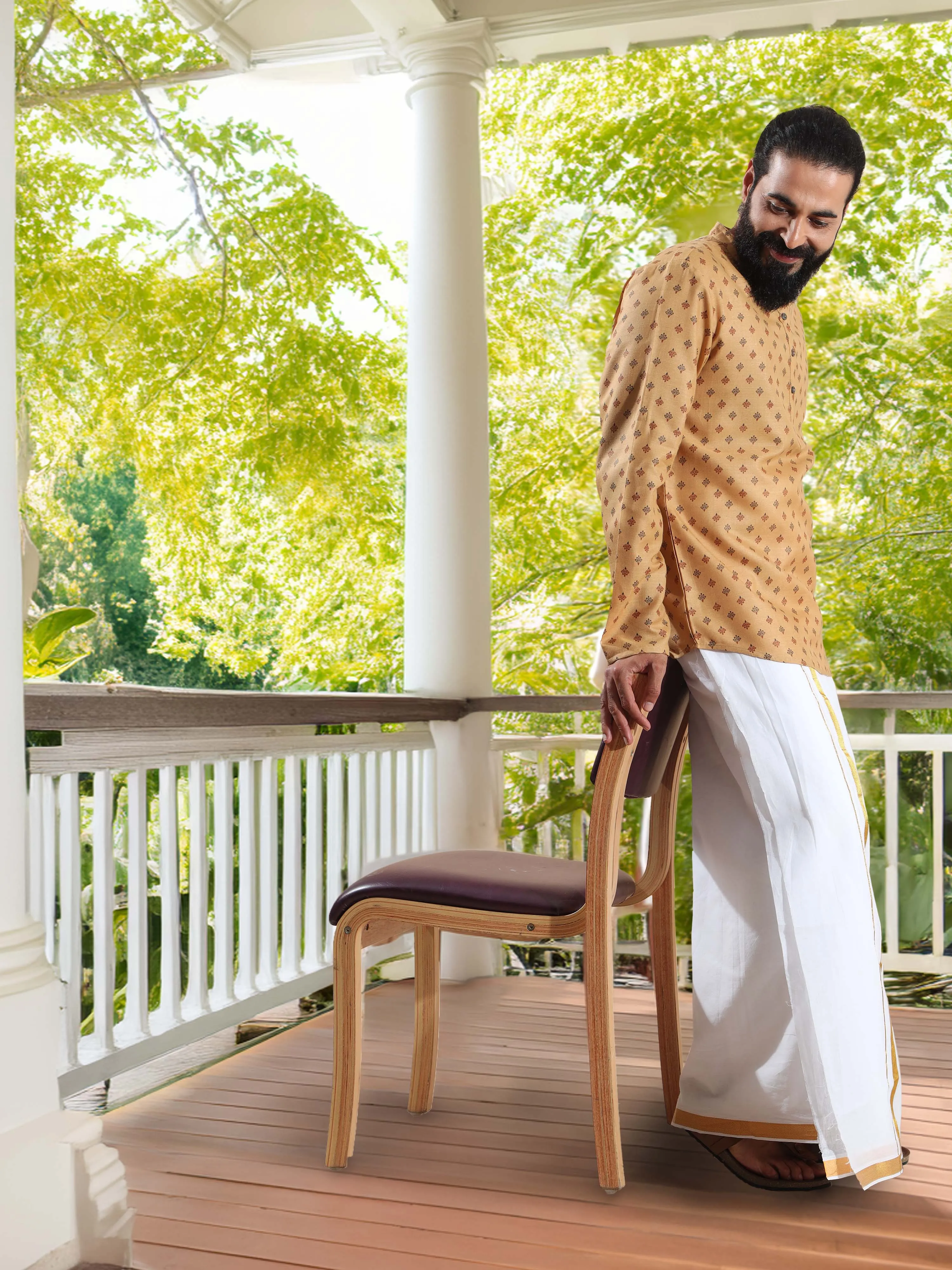 Beige Printed Short Kurta Full Sleeve