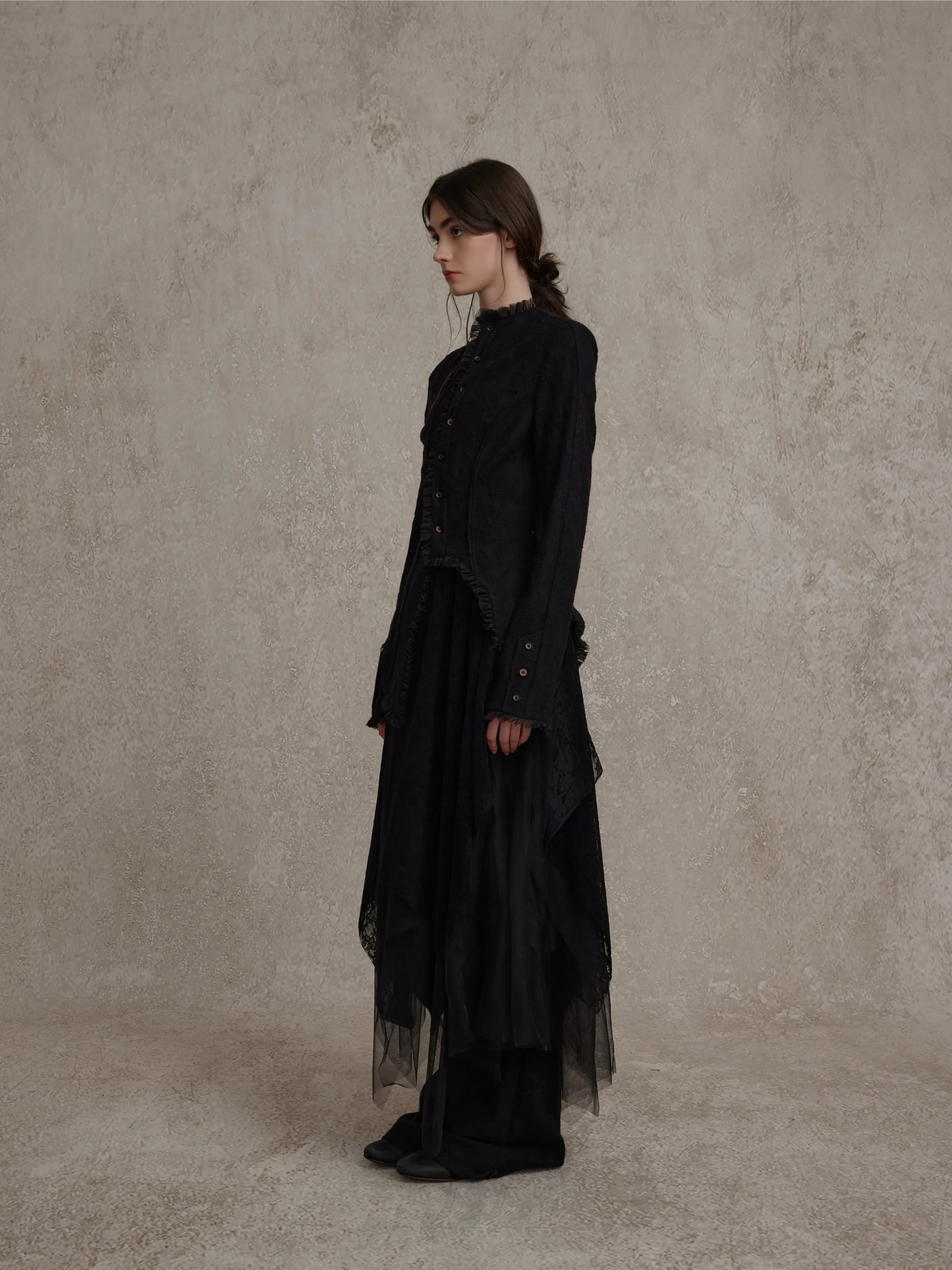 Black Asymmetrical Wool Lace Shirt
