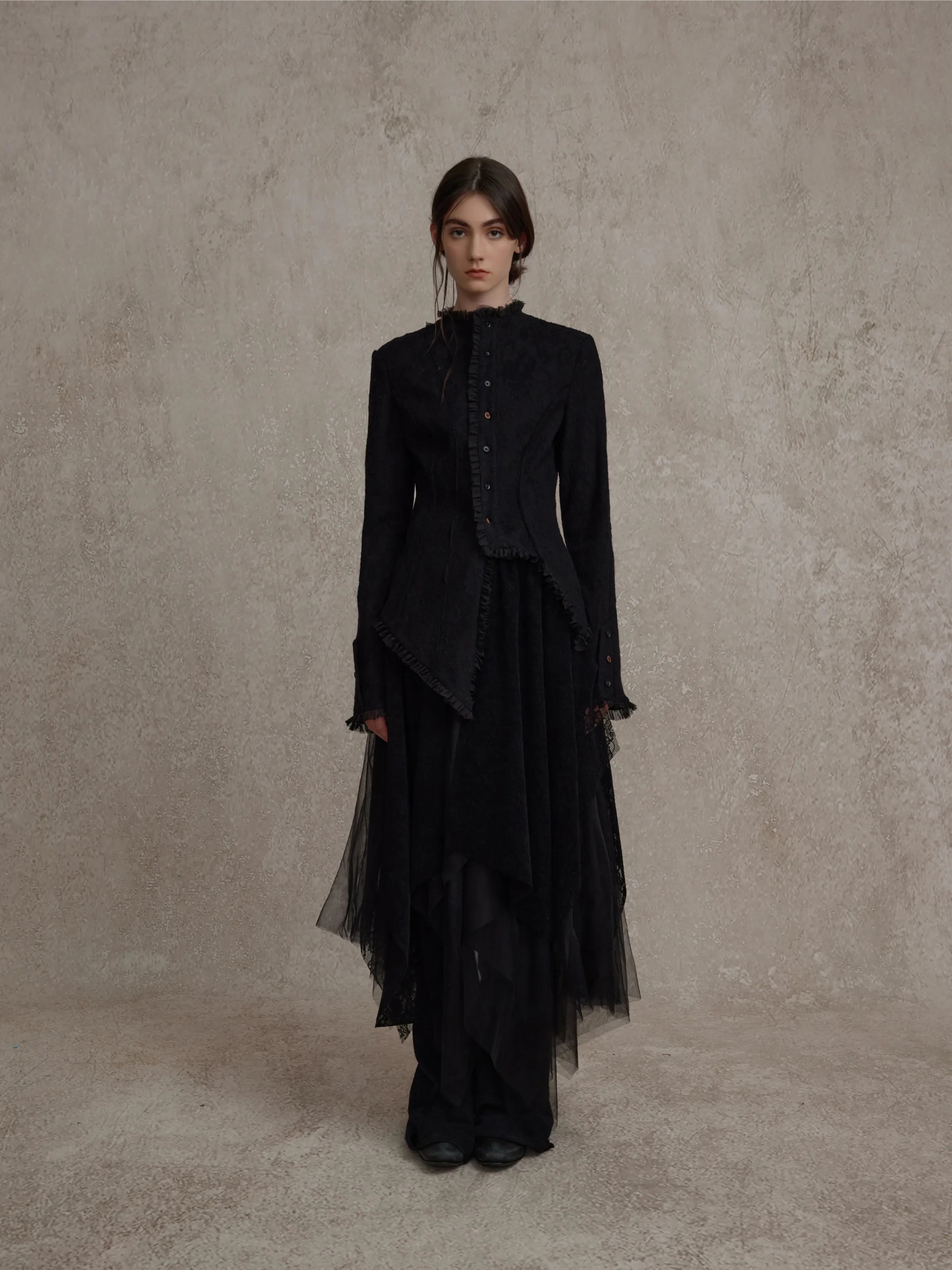 Black Asymmetrical Wool Lace Shirt