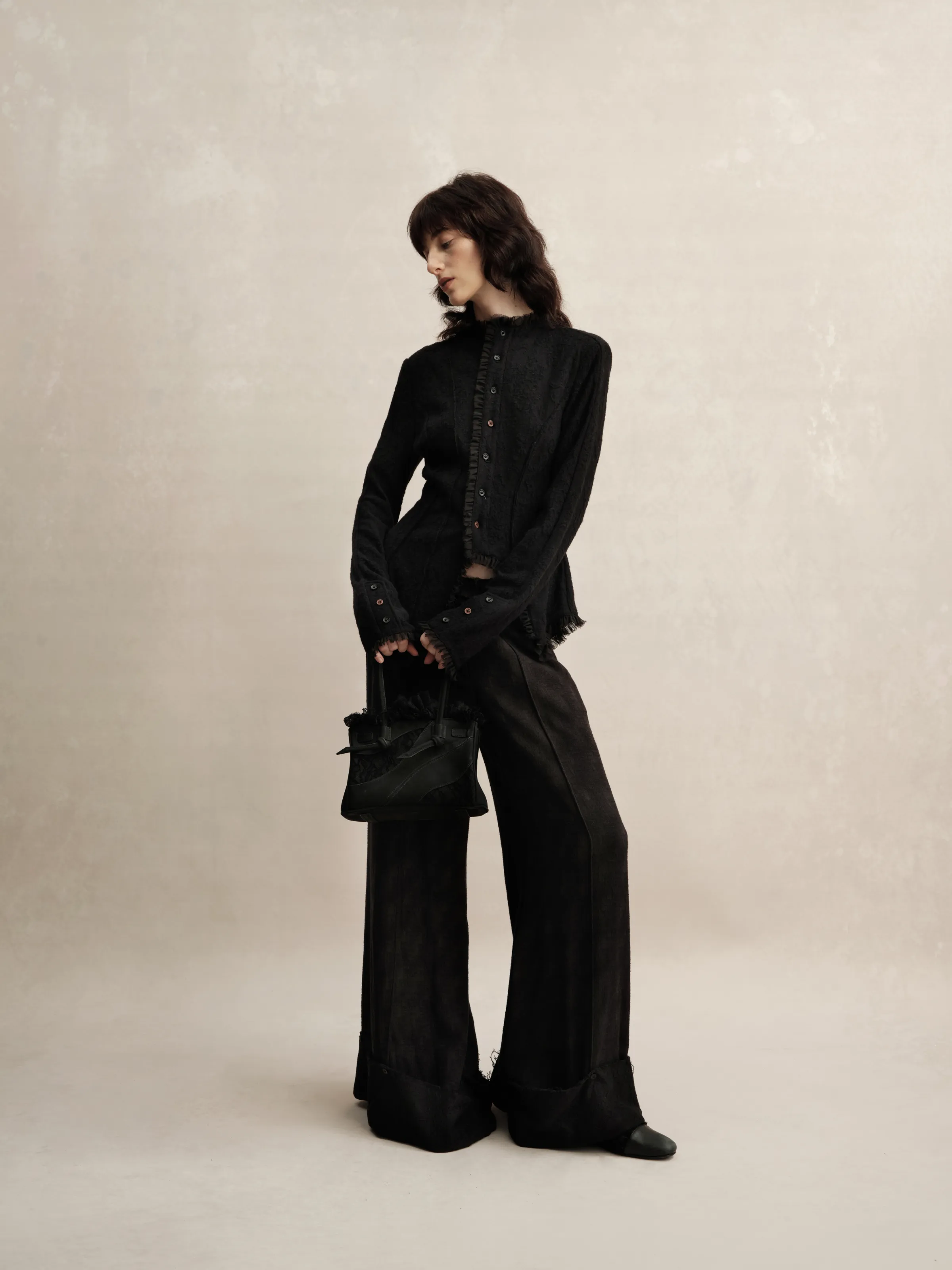 Black Asymmetrical Wool Lace Shirt