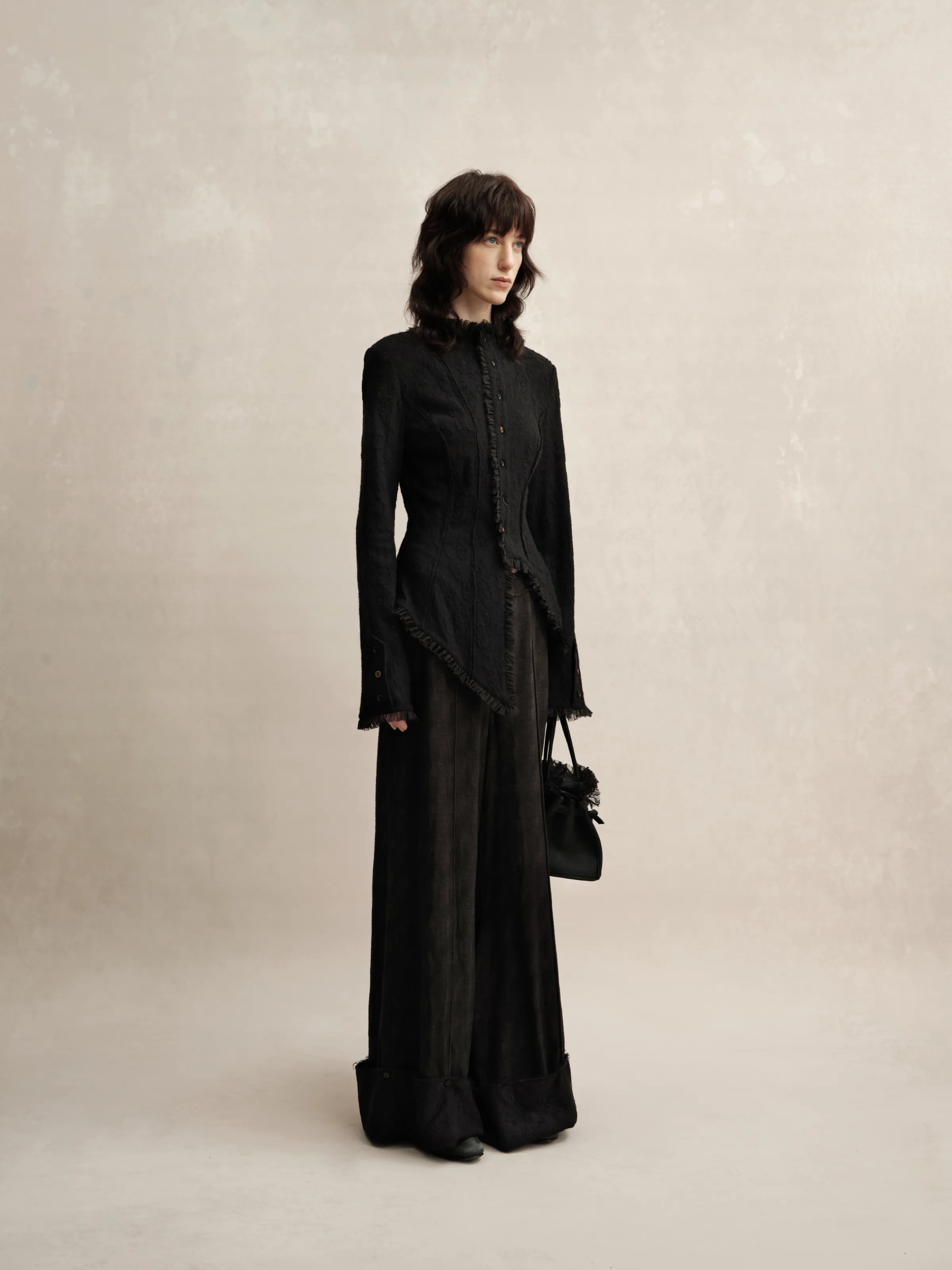 Black Asymmetrical Wool Lace Shirt