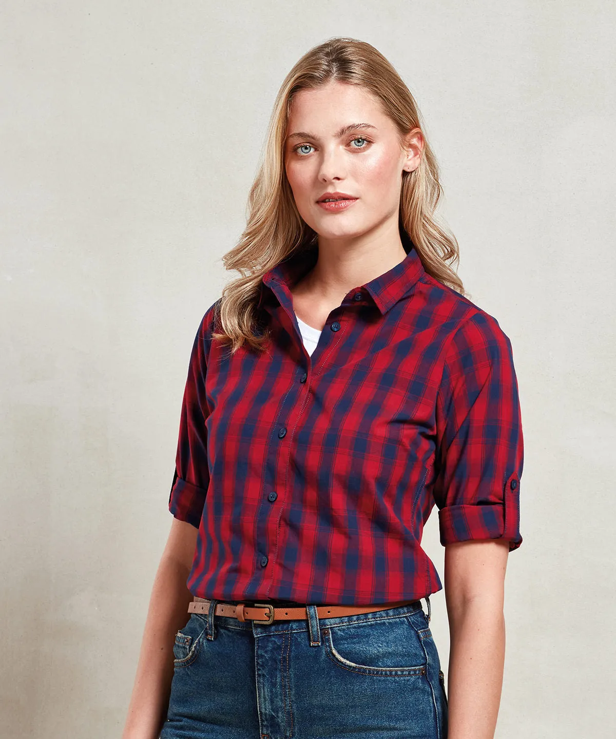 Camel/Navy - Women's Mulligan check cotton long sleeve shirt