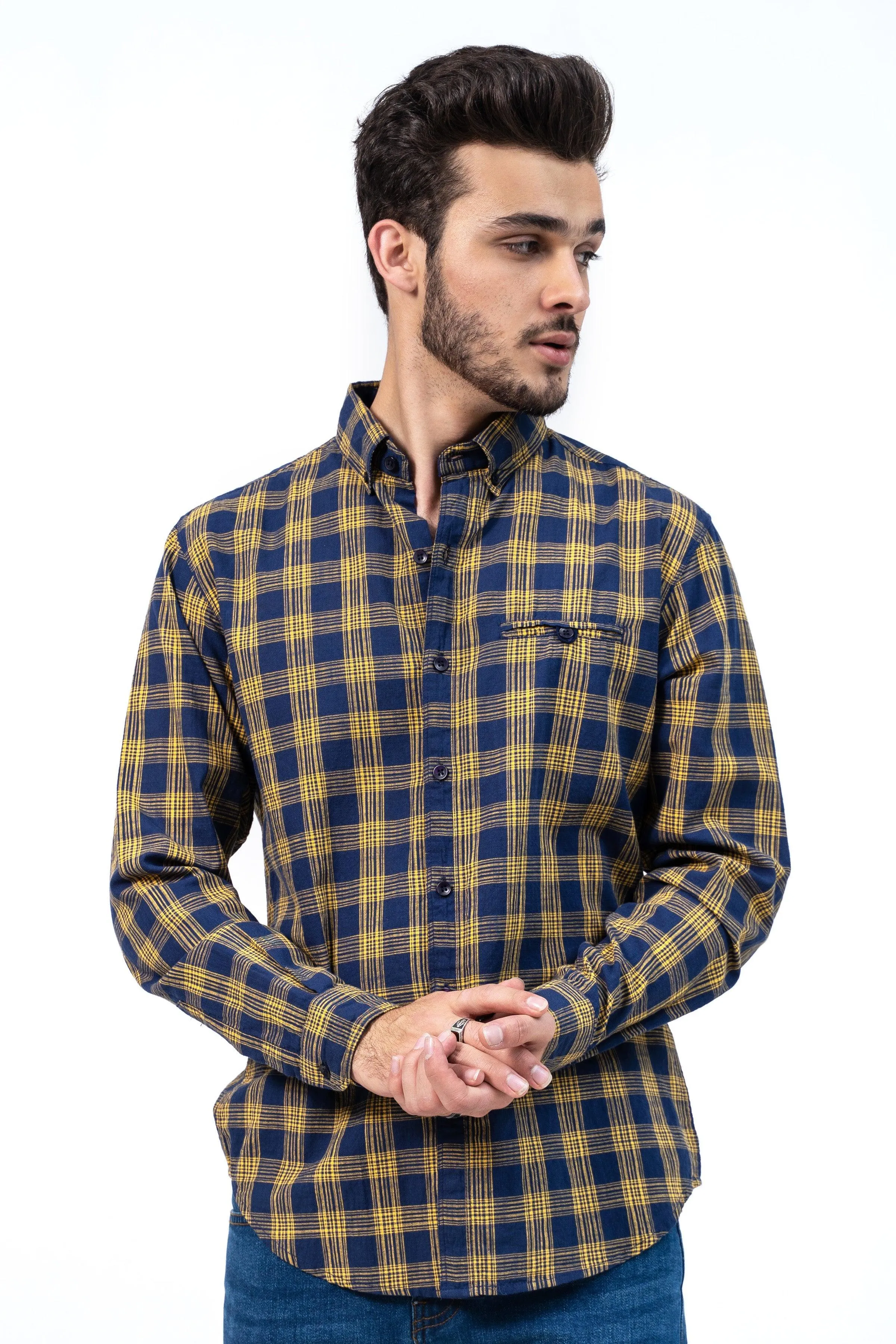 CASUAL SHIRT NAVY YELLOW CHECK