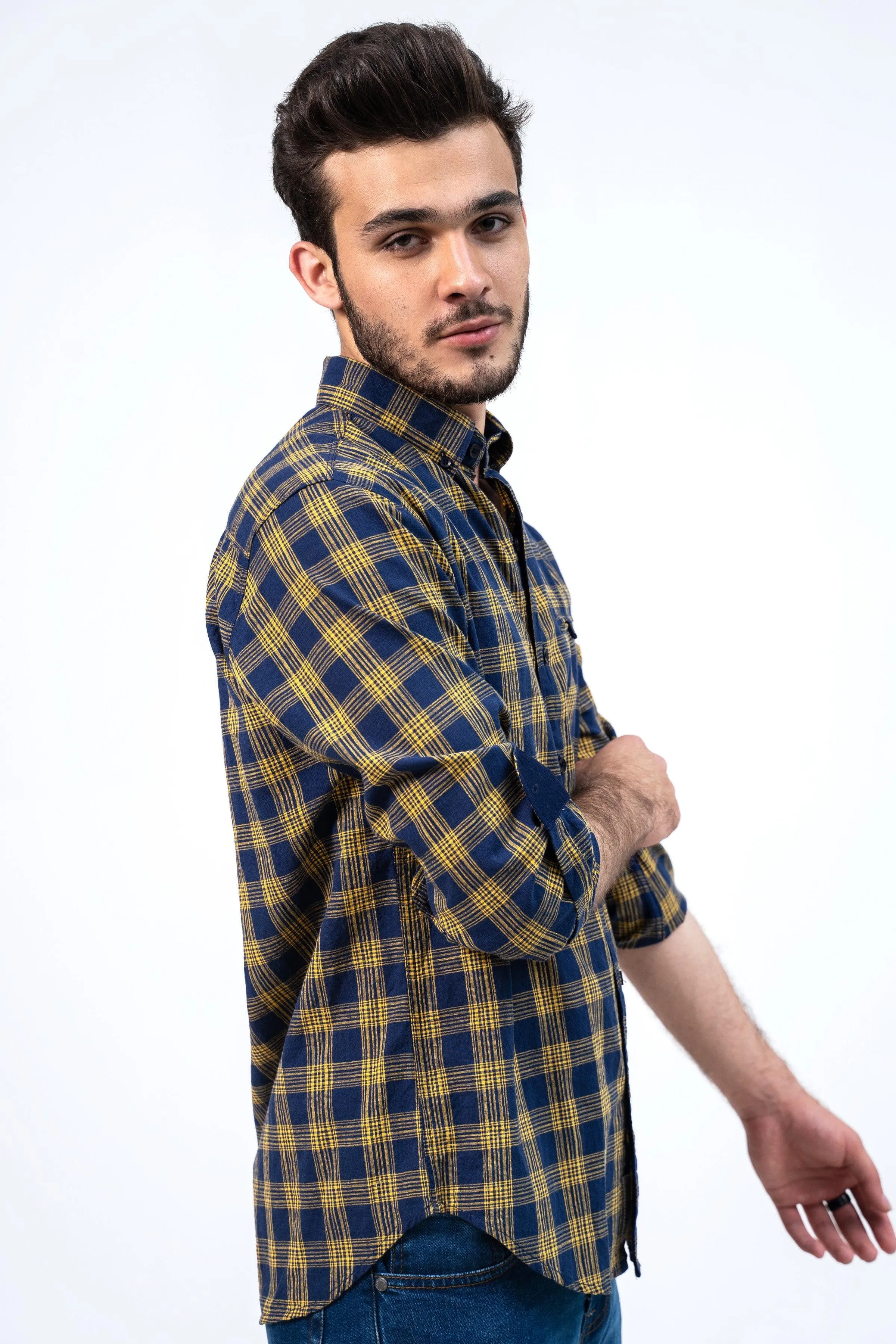 CASUAL SHIRT NAVY YELLOW CHECK