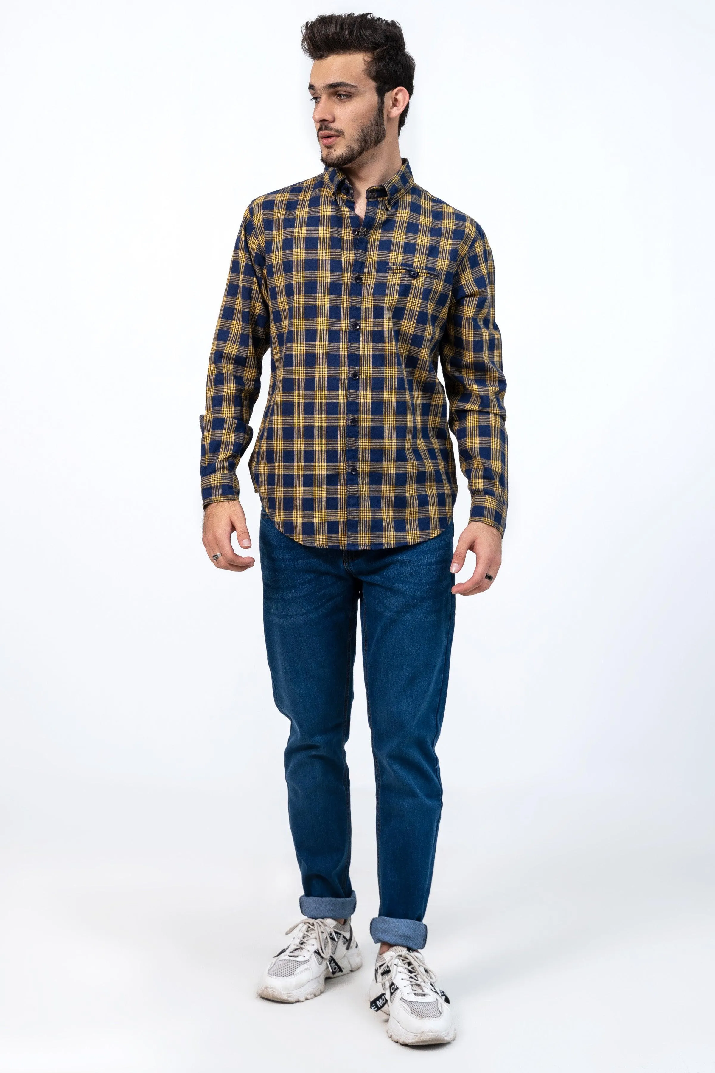CASUAL SHIRT NAVY YELLOW CHECK