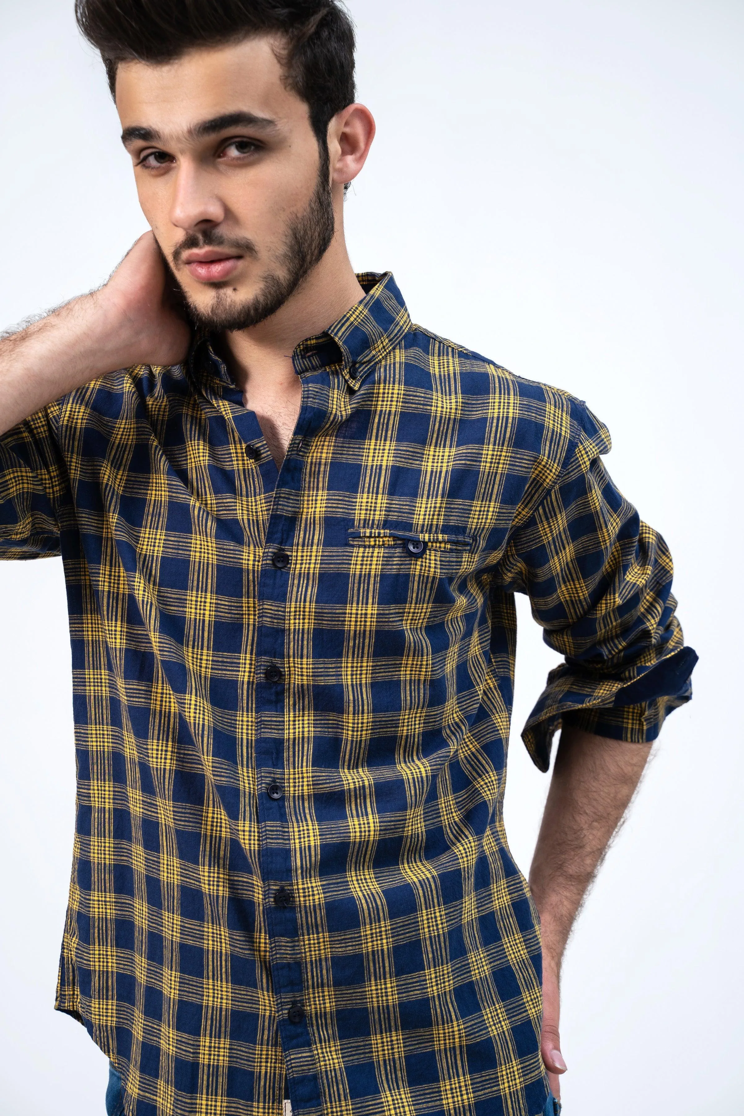 CASUAL SHIRT NAVY YELLOW CHECK