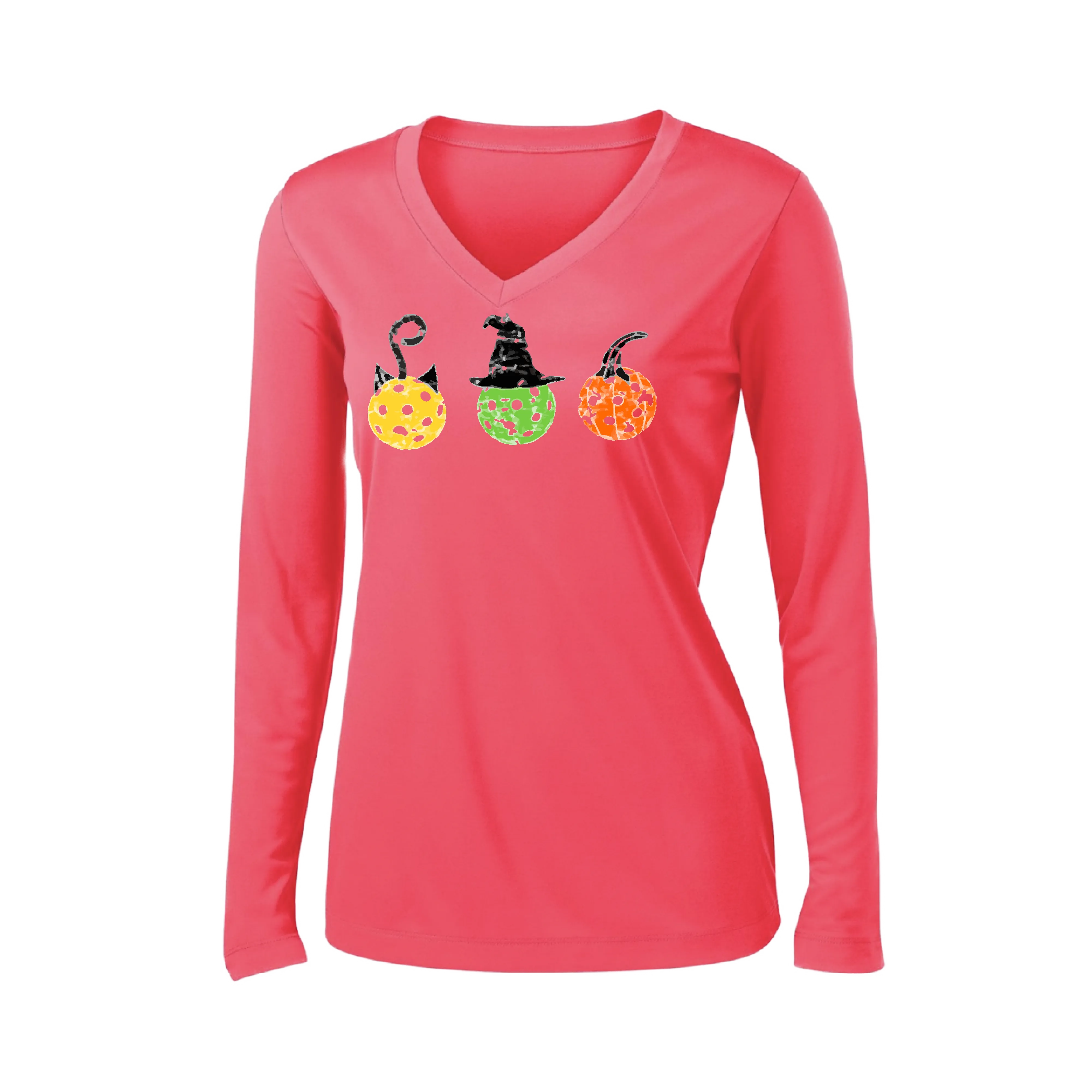 Cat Witch Pumpkin  | Women’s Long Sleeve V-Neck Shirt | 100% Polyester