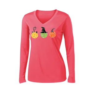 Cat Witch Pumpkin  | Women’s Long Sleeve V-Neck Shirt | 100% Polyester