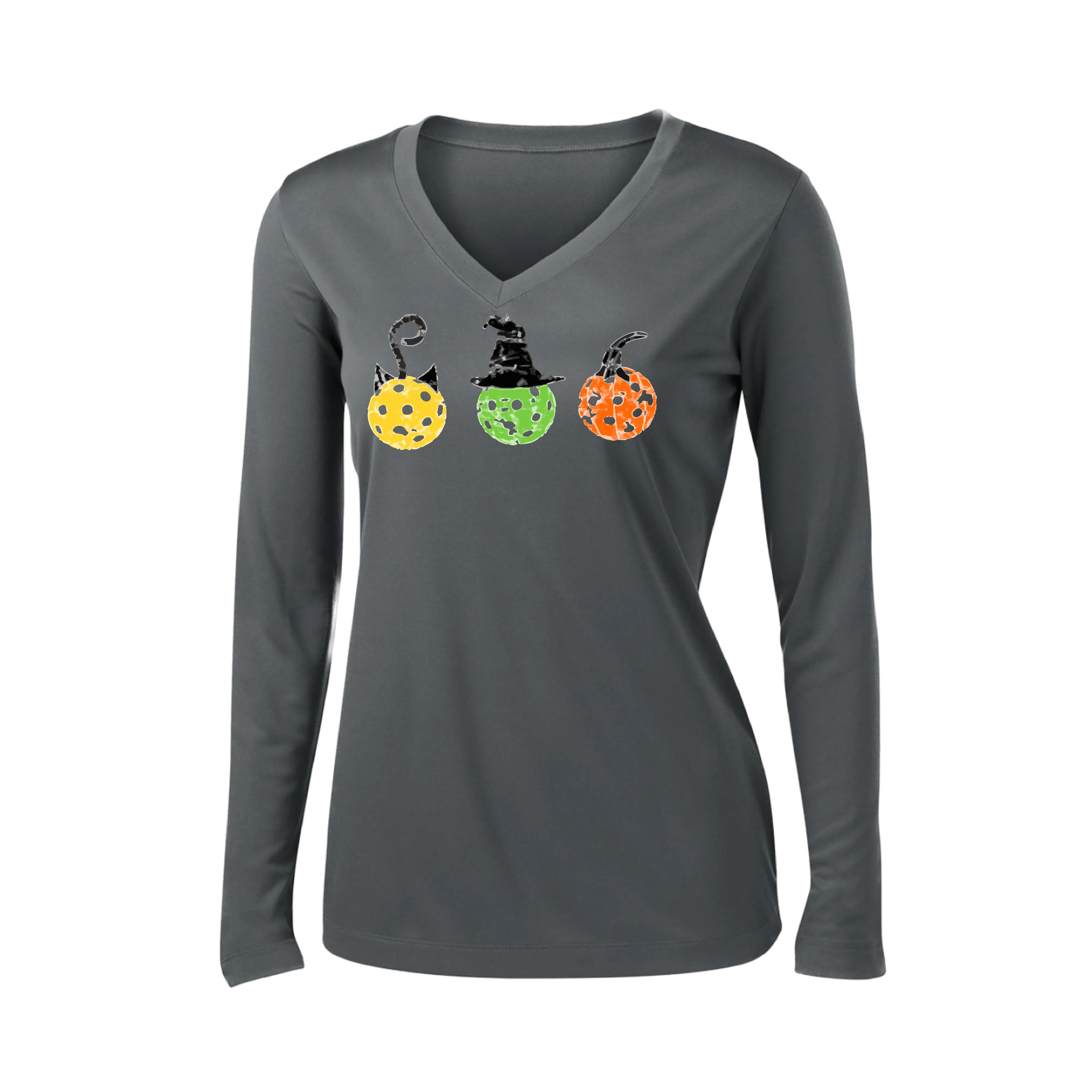 Cat Witch Pumpkin  | Women’s Long Sleeve V-Neck Shirt | 100% Polyester