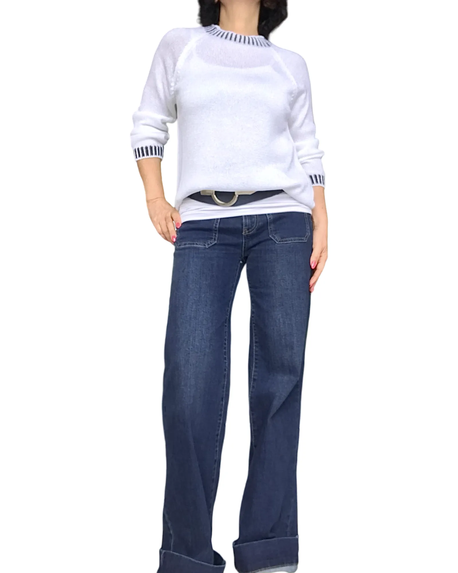 Chandail demi-col blanc en tricot fine rayures au collet