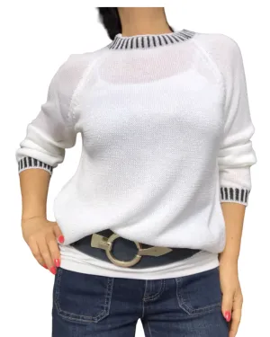Chandail demi-col blanc en tricot fine rayures au collet