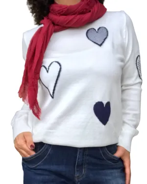 Chandail en tricot crème, avec coeur brodés, col rond