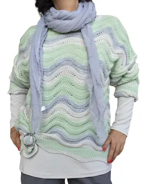 Chandail en tricot zig zag col rond beige, gris, et vert céleri