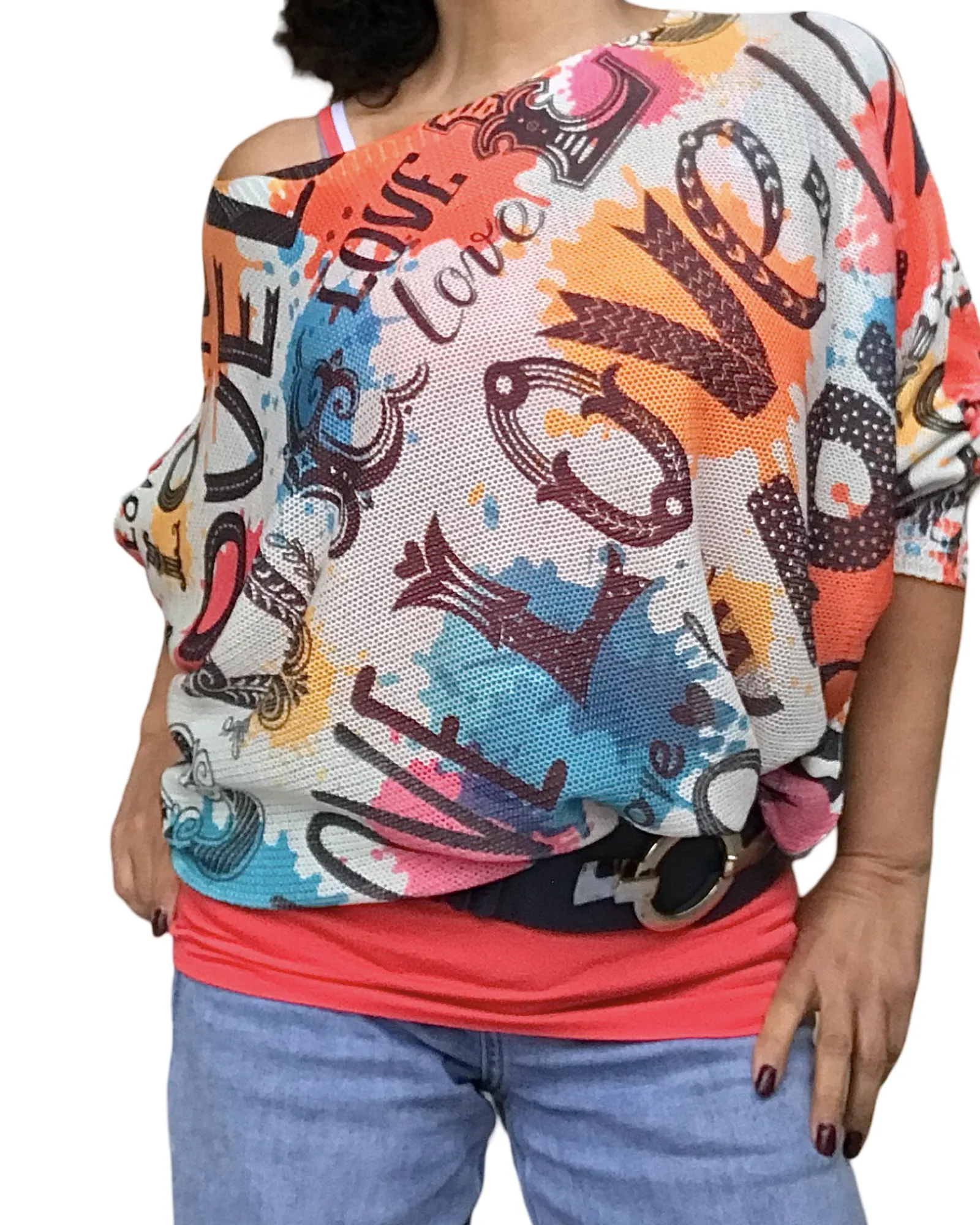 Chandail tricot love blanc, sarcelle, corail