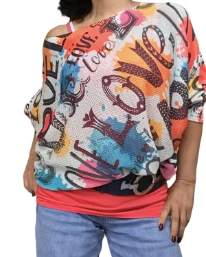 Chandail tricot love blanc, sarcelle, corail